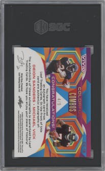 Deion Sanders/Michael Vick from the 2023 Leaf Vivid set featuring a Gray parallel graded by SGC and given an overall grade of 10.
