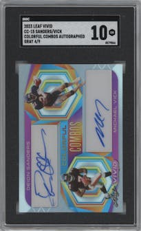 Deion Sanders/Michael Vick from the 2023 Leaf Vivid set featuring a Gray parallel graded by SGC and given an overall grade of 10.