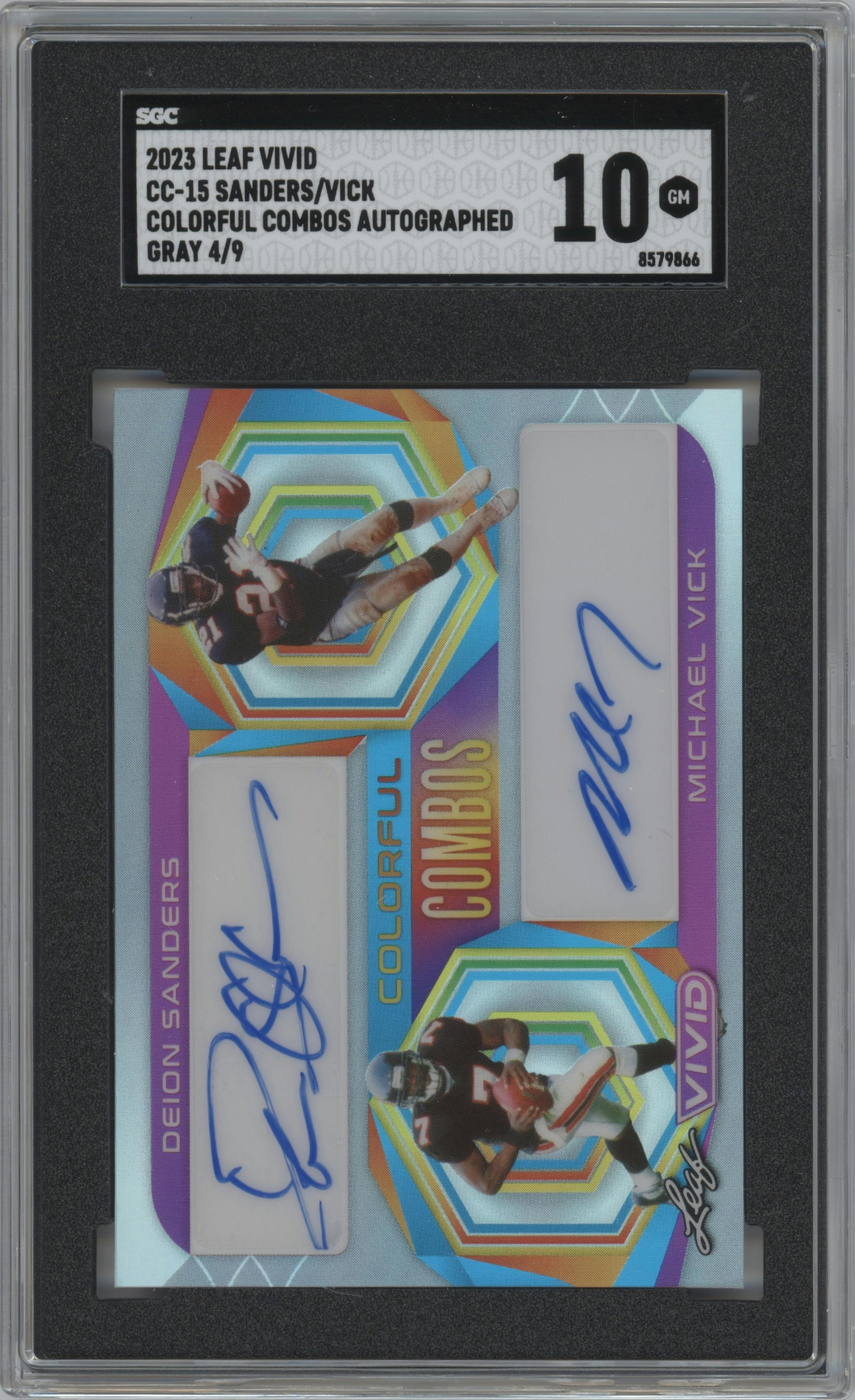 Deion Sanders/Michael Vick from the 2023 Leaf Vivid set featuring a Gray parallel graded by SGC and given an overall grade of 10.