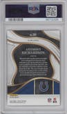 Anthony Richardson from the 2023 Panini Select set featuring a Die-Cut Red & Blue Prizm parallel graded by PSA and given an overall grade of 10.