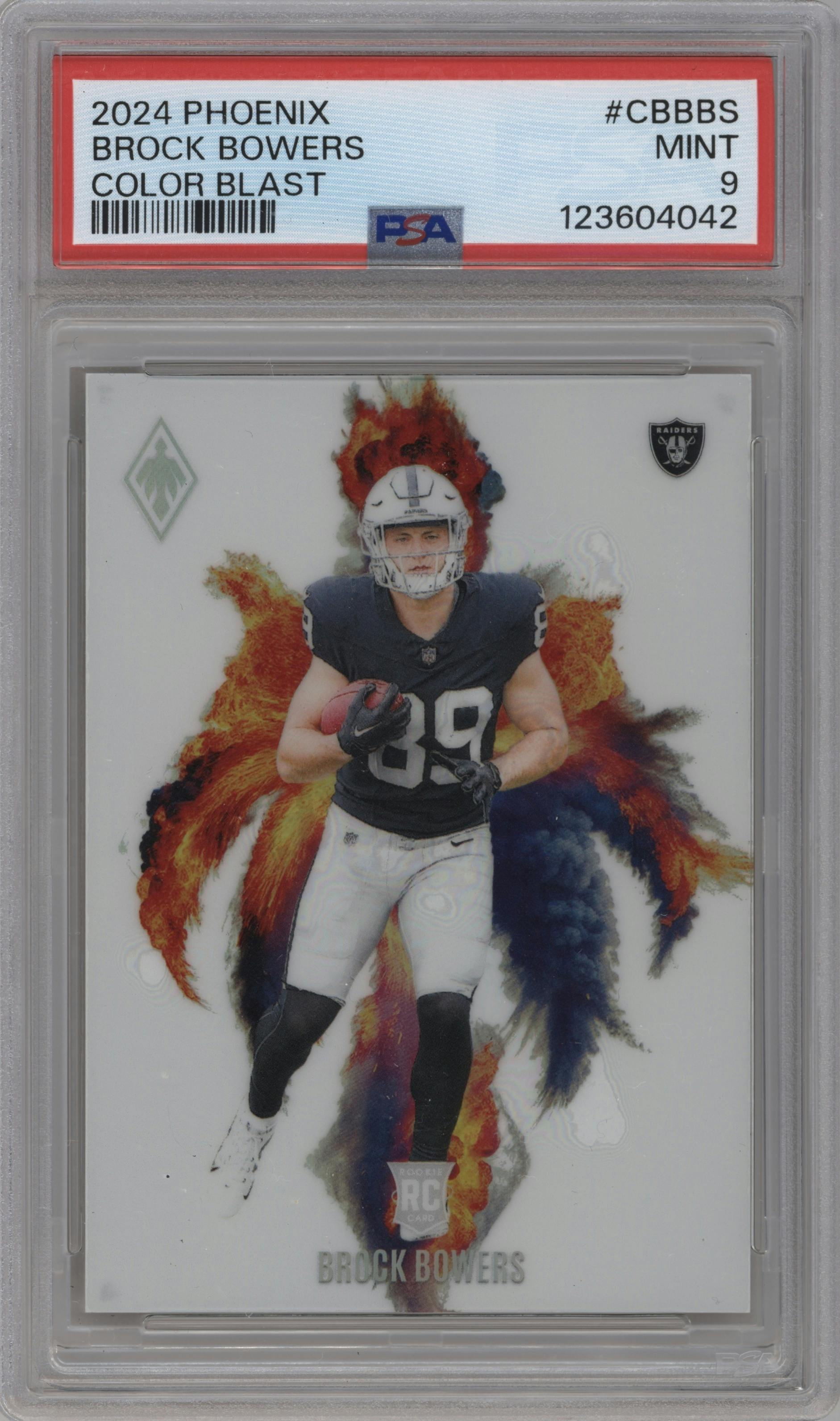 Brock Bowers from the 2024 Panini Phoenix set graded by PSA and given an overall grade of 9.