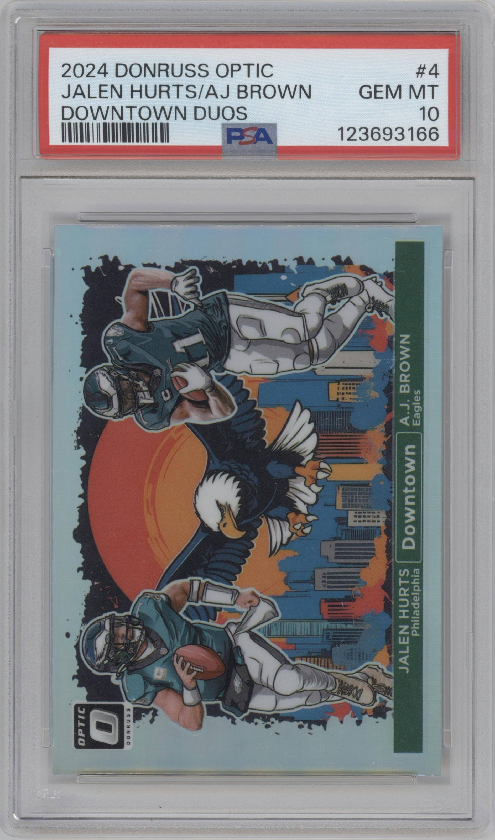 Jalen Hurts/A.J. Brown from the 2024 Donruss Optic set graded by PSA and given an overall grade of 10.