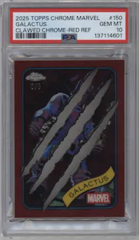 Galactus from the 2025 Topps Chrome Marvel set featuring a Clawed Chrome Red Refractor parallel graded by PSA and given an overall grade of 10.