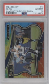Bo Nix from the 2024 Panini Select set featuring a Tie-Dye Prizm parallel graded by PSA and given an overall grade of 10.