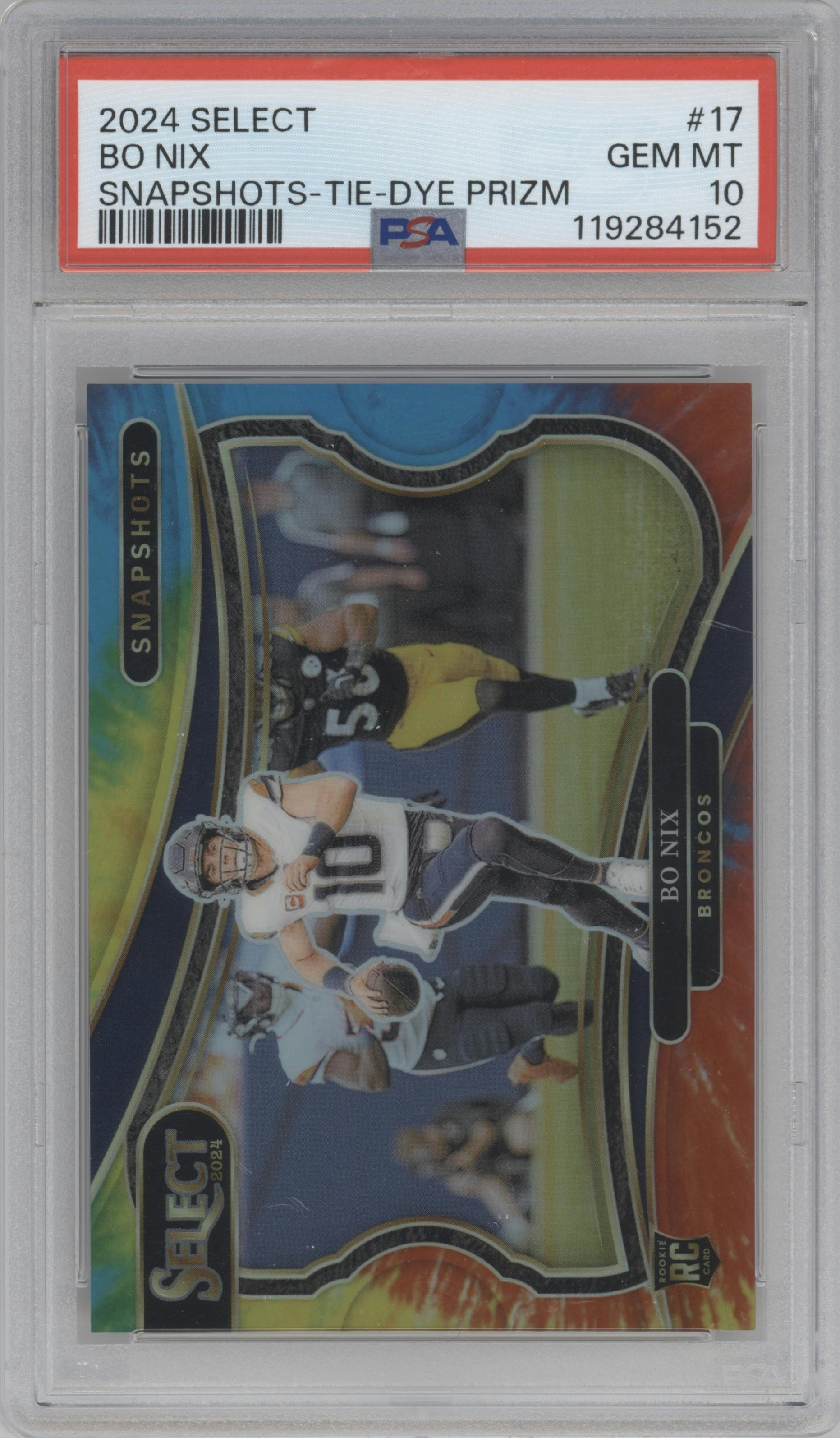 Bo Nix from the 2024 Panini Select set featuring a Tie-Dye Prizm parallel graded by PSA and given an overall grade of 10.