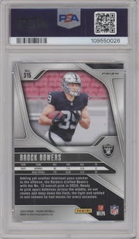 Brock Bowers from the 2024 Panini Prizm set featuring a Red White Blue Prizm parallel graded by PSA and given an overall grade of 10.