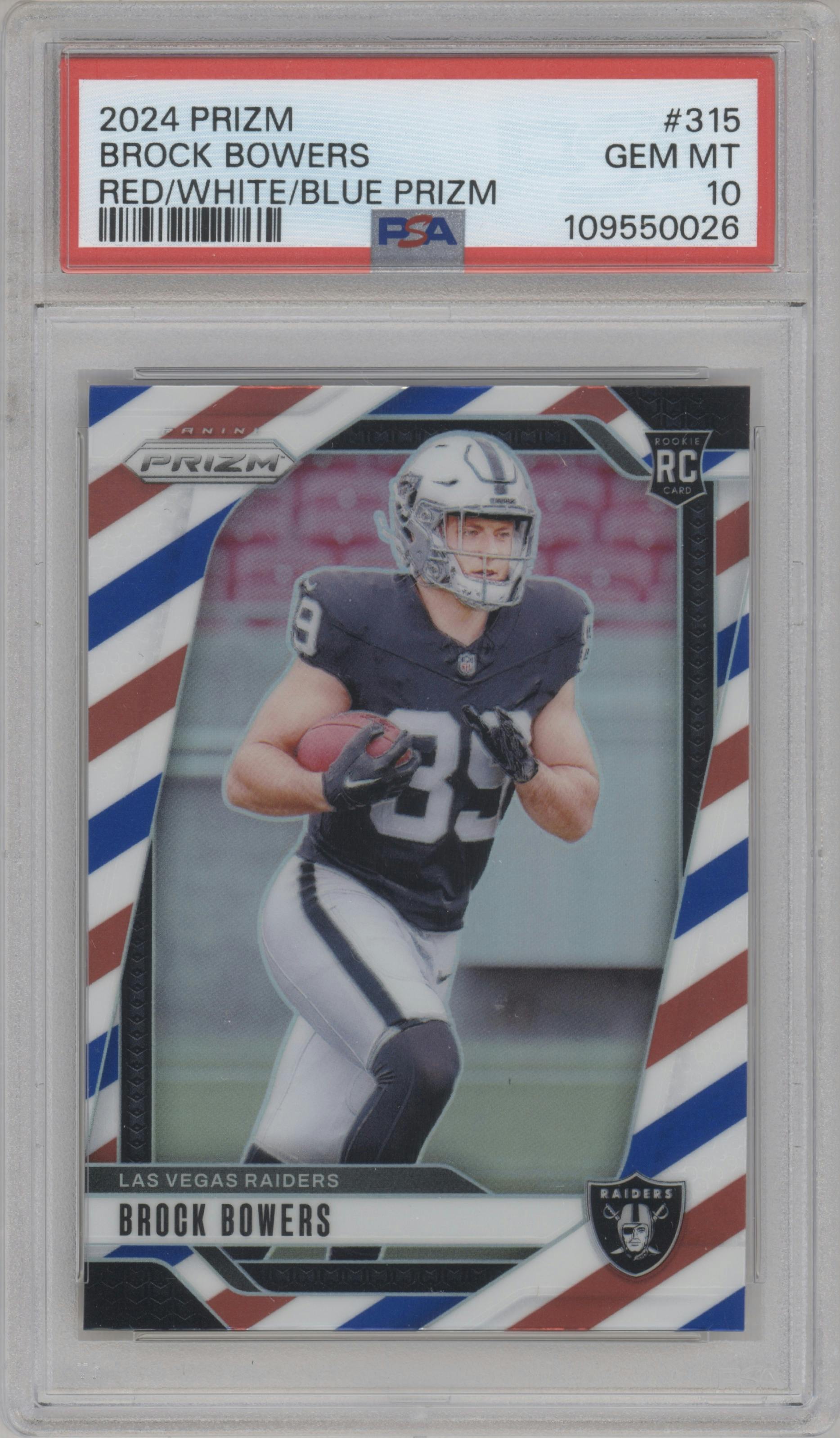 Brock Bowers from the 2024 Panini Prizm set featuring a Red White Blue Prizm parallel graded by PSA and given an overall grade of 10.