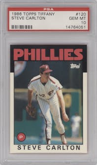 Steve Carlton from the 1986 Topps set featuring a Tiffany parallel graded by PSA and given an overall grade of 10.