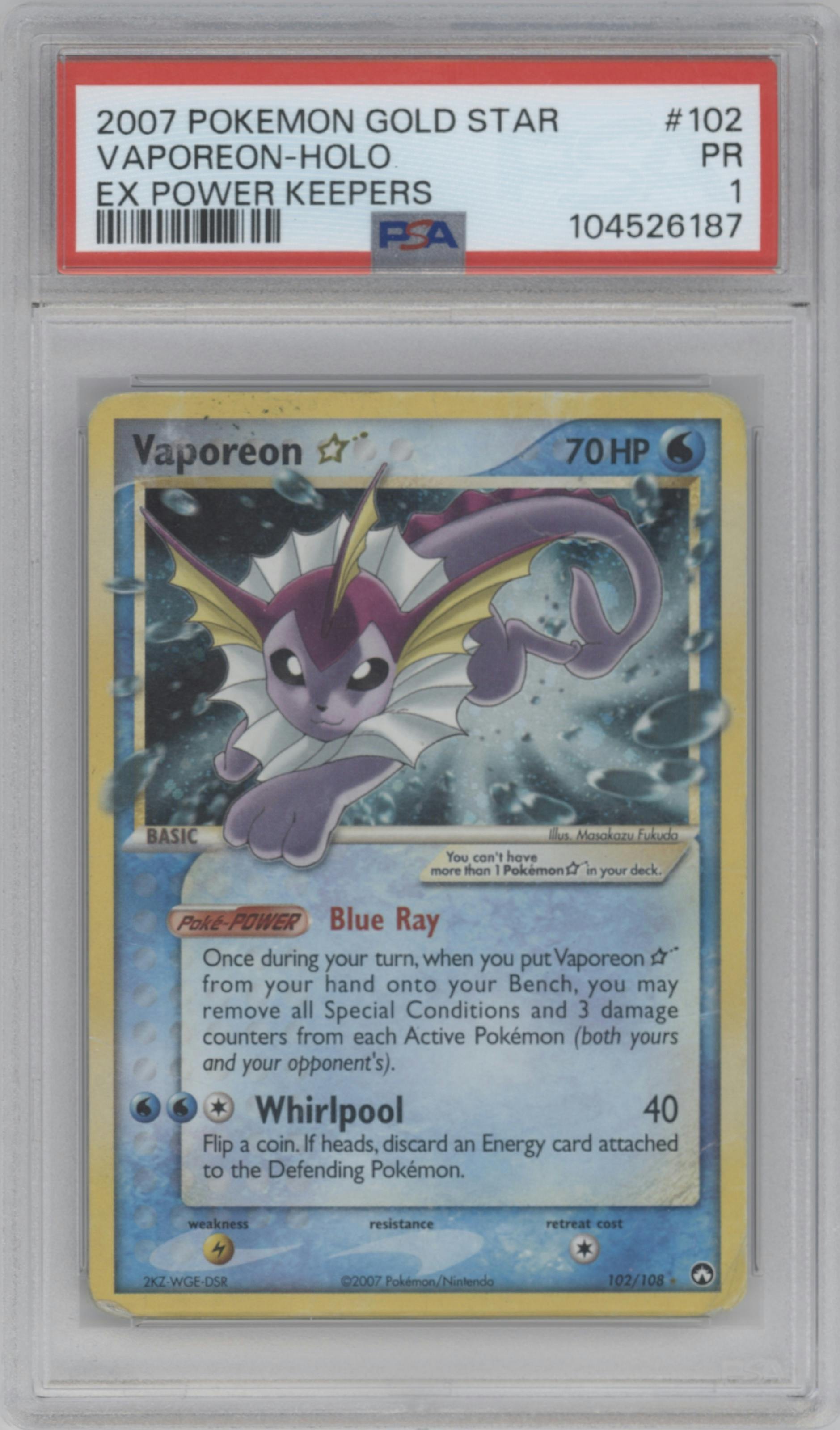 Vaporeon Gold Star from the 2007 Pokemon EX set graded by PSA and given an overall grade of 1.