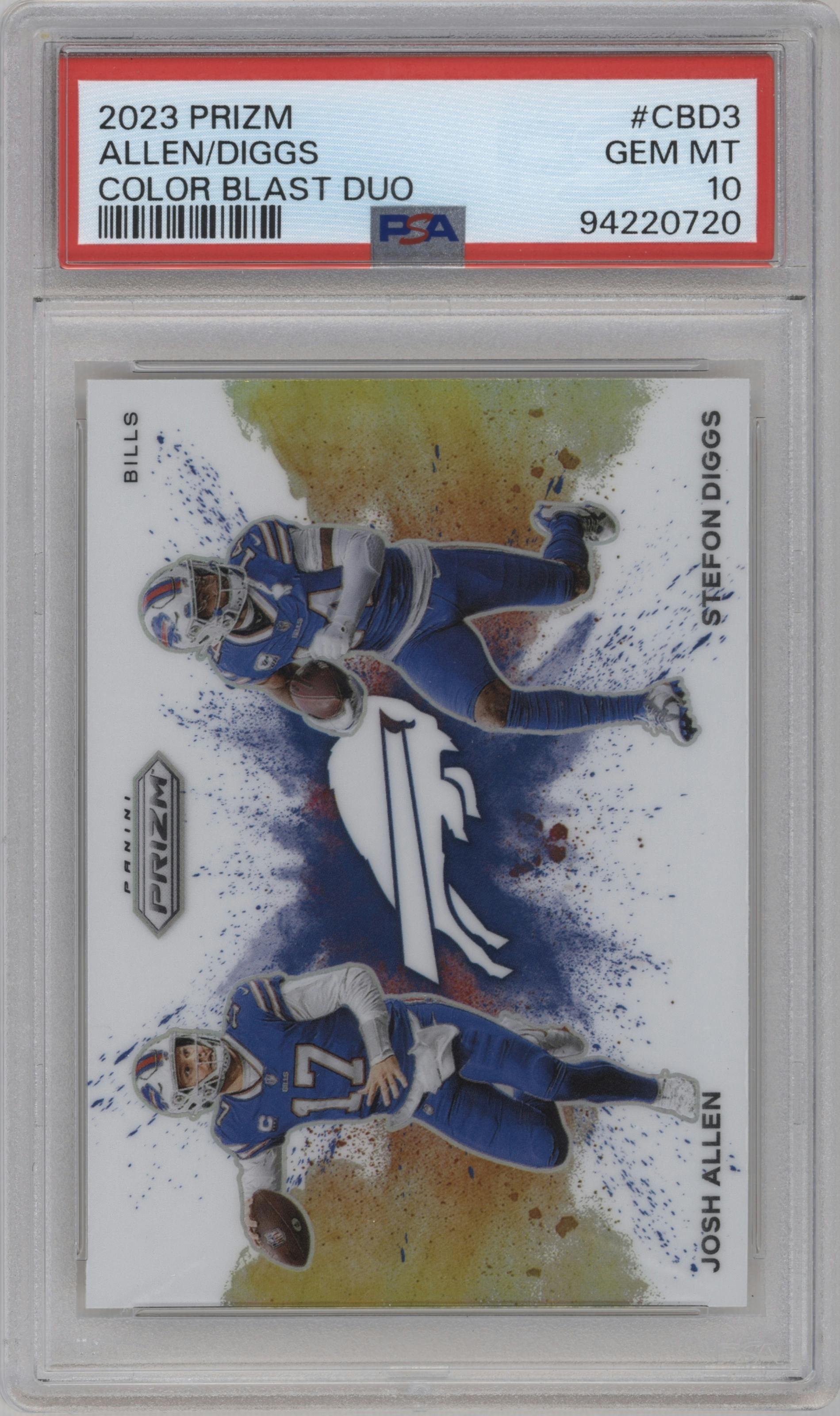 Josh Allen/Stefon Diggs from the 2023 Panini Prizm set graded by PSA and given an overall grade of 10.