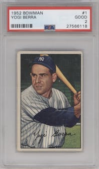 Yogi Berra from the 1952 Bowman set graded by PSA and given an overall grade of 2.