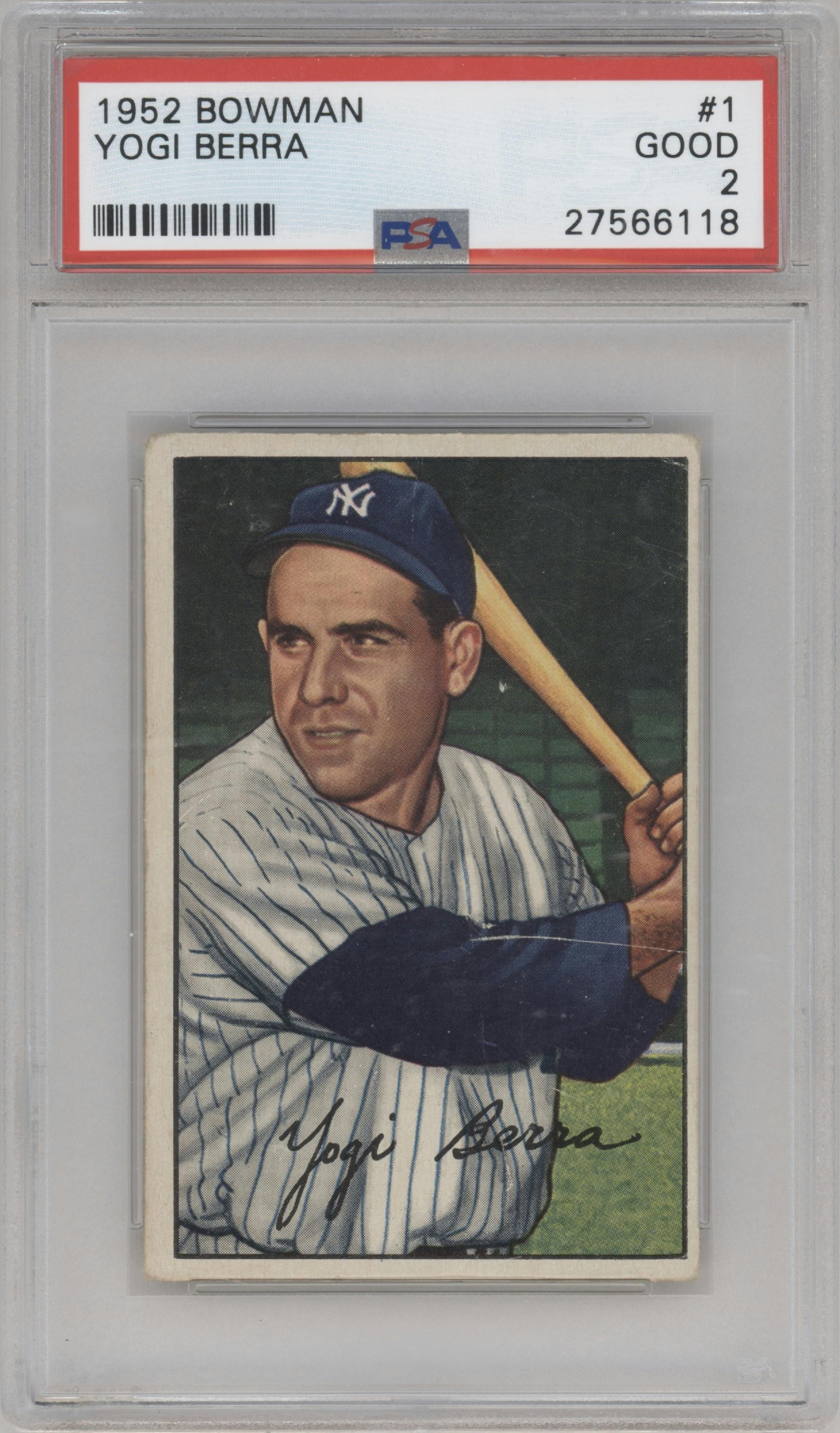 Yogi Berra from the 1952 Bowman set graded by PSA and given an overall grade of 2.