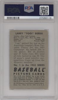 Yogi Berra from the 1952 Bowman set graded by PSA and given an overall grade of 2.