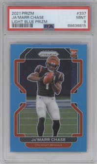 Ja'Marr Chase from the 2021 Panini Prizm set featuring a Light Blue Prizm parallel graded by PSA and given an overall grade of 9.