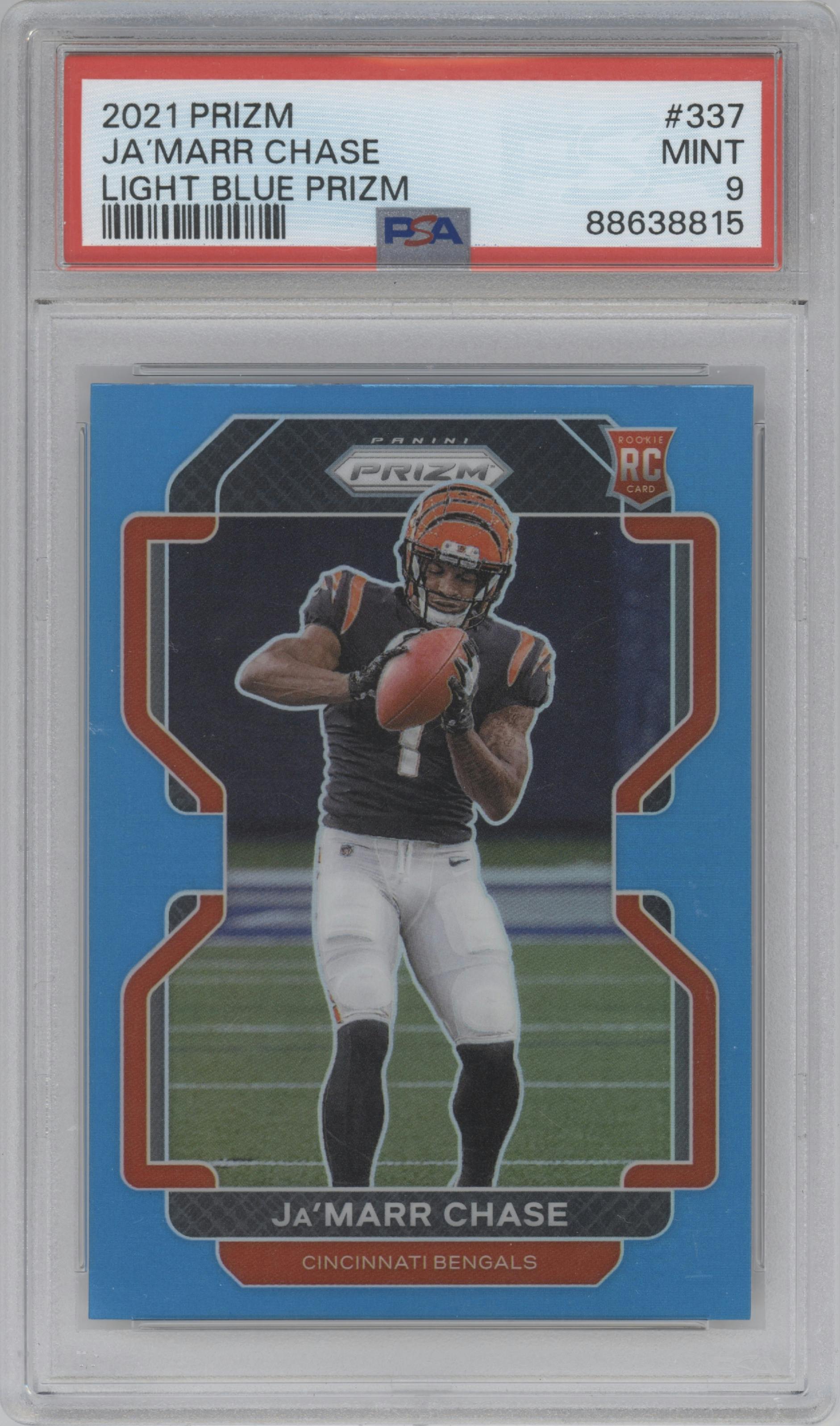 Ja'Marr Chase from the 2021 Panini Prizm set featuring a Light Blue Prizm parallel graded by PSA and given an overall grade of 9.