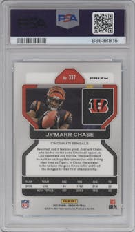 Ja'Marr Chase from the 2021 Panini Prizm set featuring a Light Blue Prizm parallel graded by PSA and given an overall grade of 9.