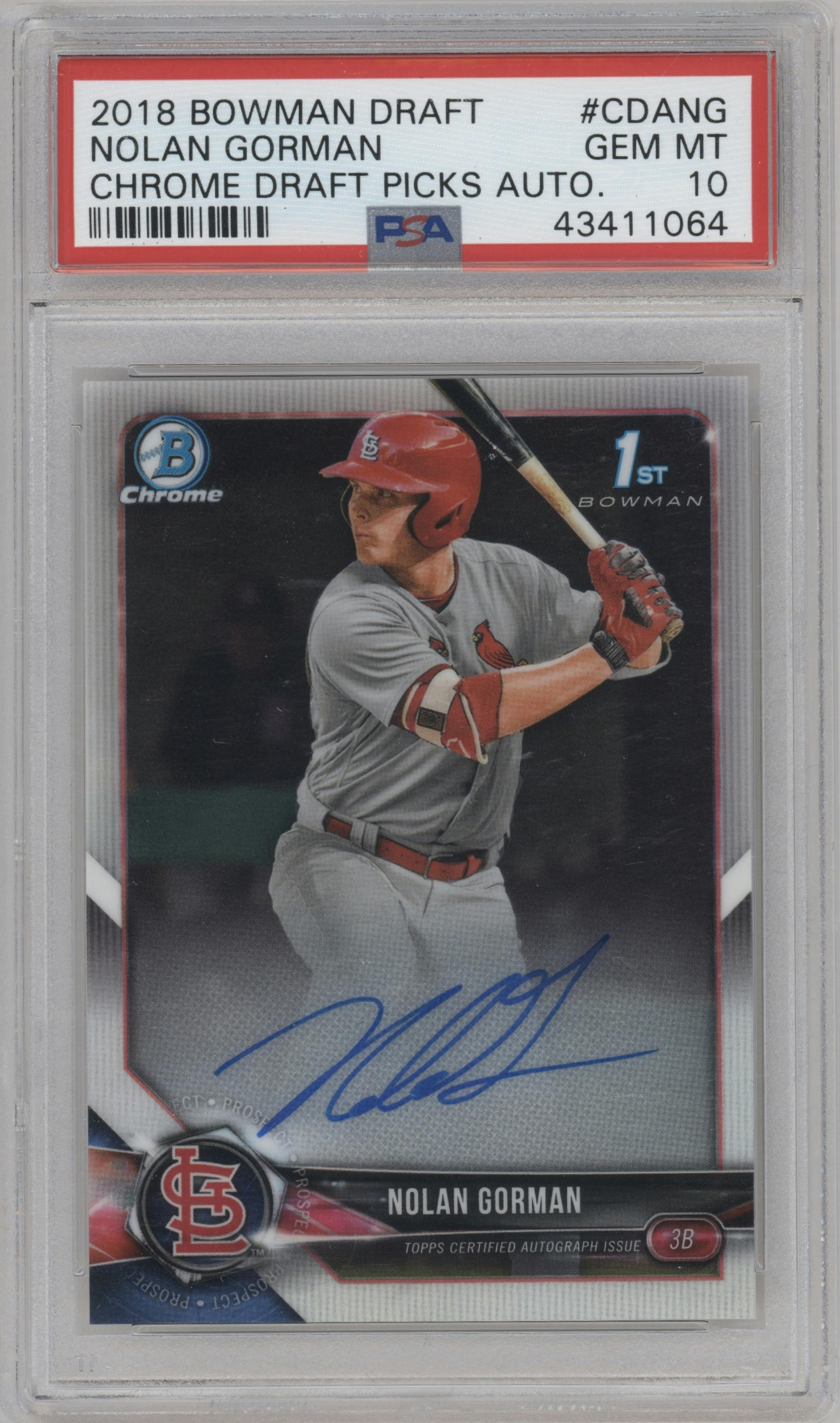 Nolan Gorman from the 2018 Bowman Draft set graded by PSA and given an overall grade of 10.