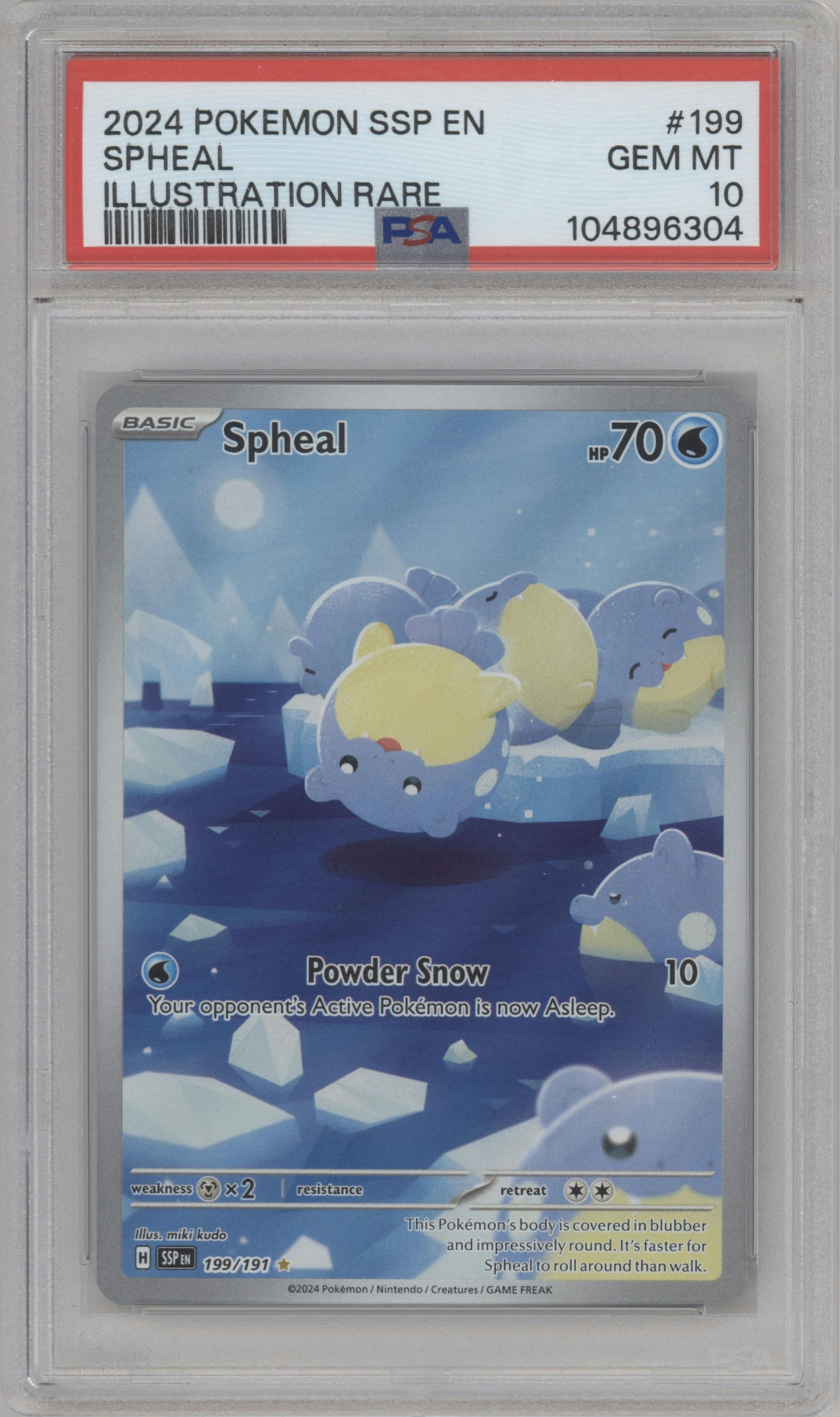 Spheal from the 2024 Pokemon SV set graded by PSA and given an overall grade of 10.