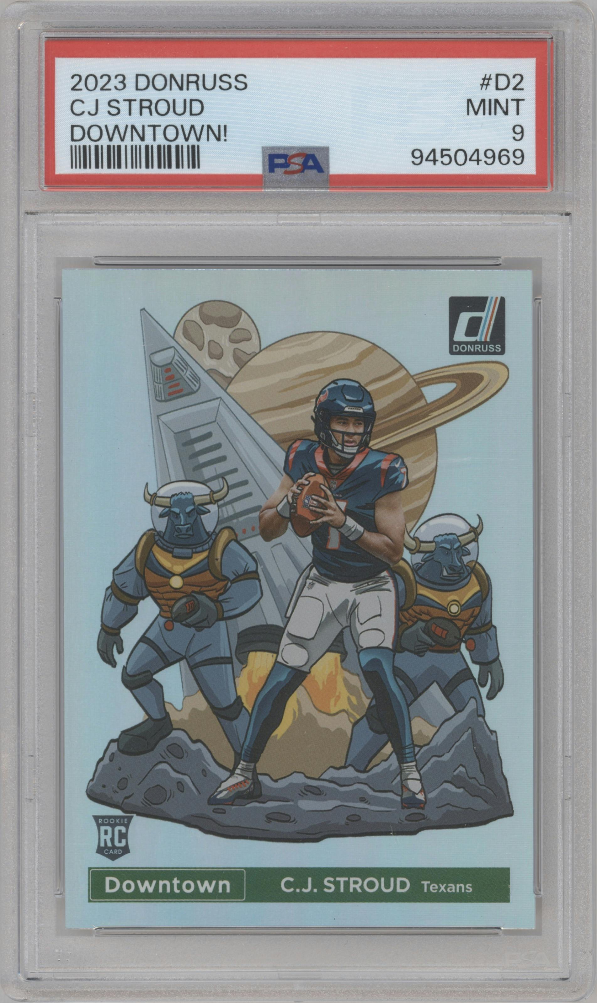C.J. Stroud from the 2023 Panini Donruss set graded by PSA and given an overall grade of 9.