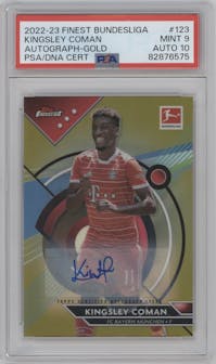 Kingsley Coman from the 2022-23 Topps Finest Bundesliga set featuring a Gold Refractor parallel graded by PSA and given an overall grade of 9.