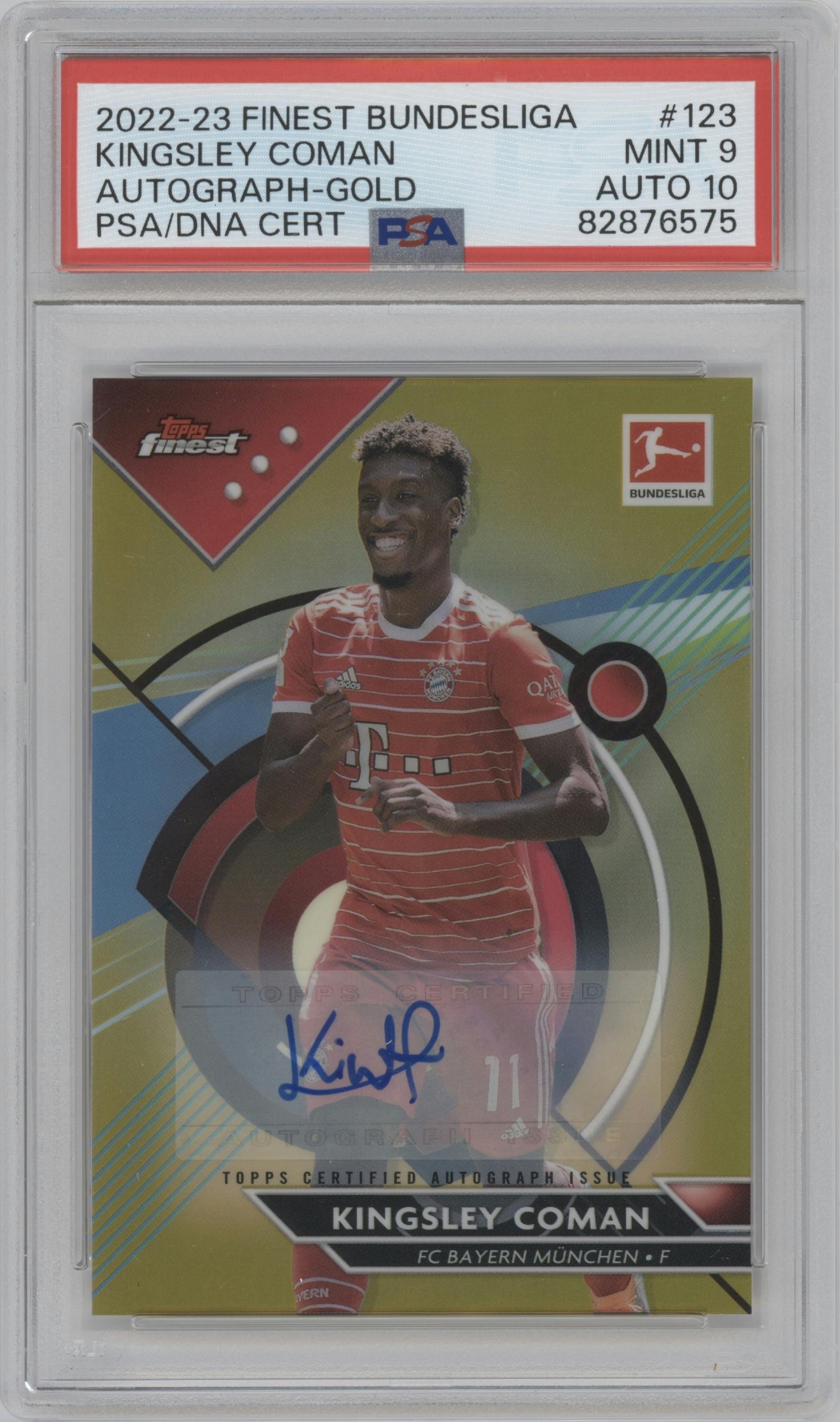 Kingsley Coman from the 2022-23 Topps Finest Bundesliga set featuring a Gold Refractor parallel graded by PSA and given an overall grade of 9.