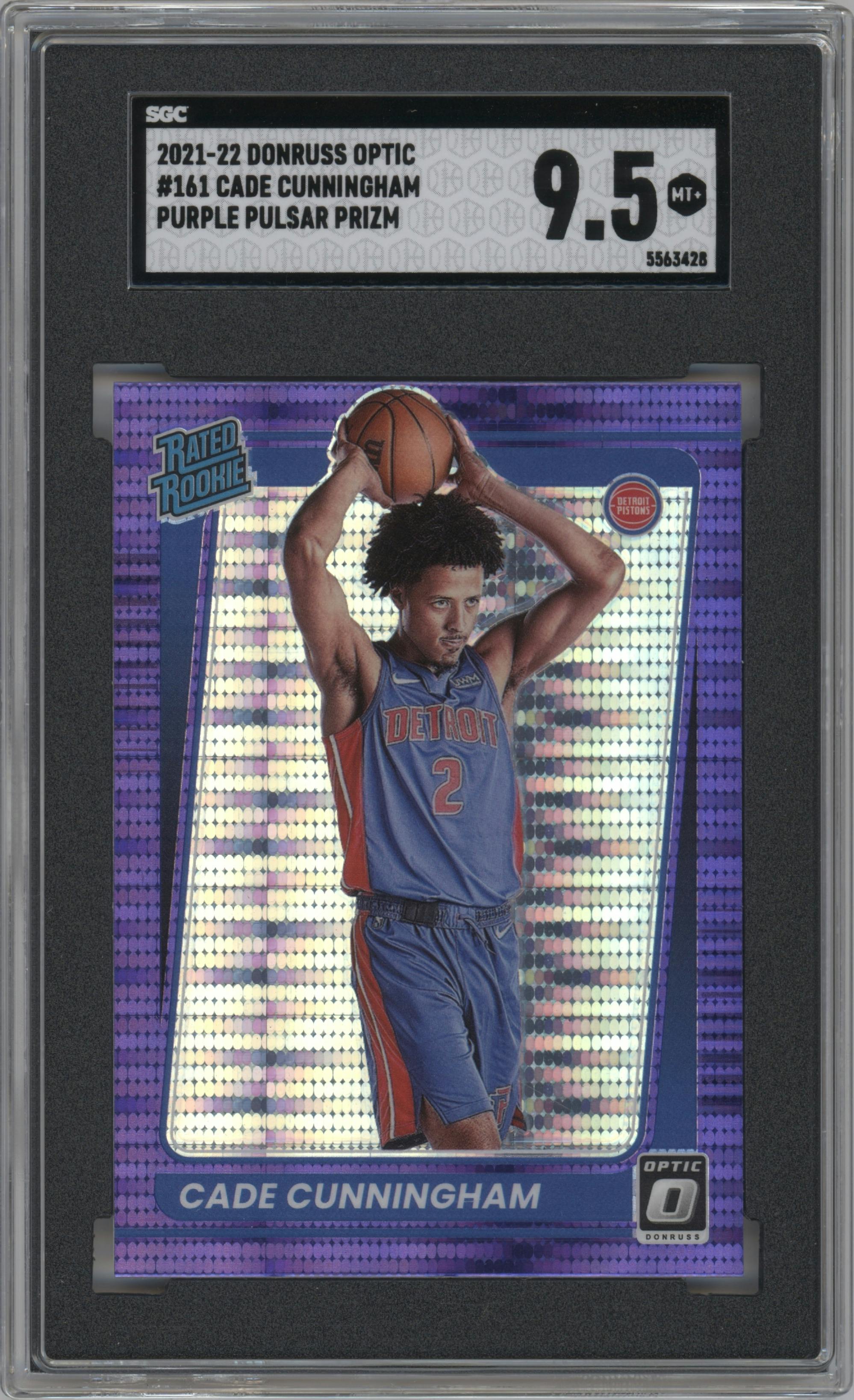Cade Cunningham from the 2021-22 Panini Donruss Optic set featuring a Purple Pulsar parallel graded by SGC and given an overall grade of 9.5.