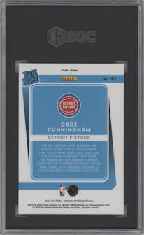Cade Cunningham from the 2021-22 Panini Donruss Optic set featuring a Purple Pulsar parallel graded by SGC and given an overall grade of 9.5.