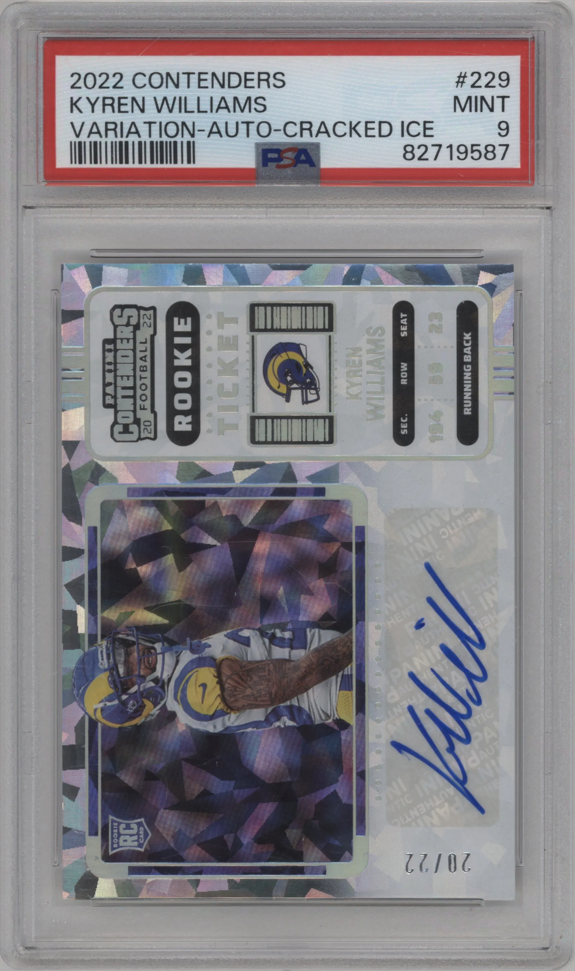 2022 Panini Contenders Rke.Tkt.Var.Hor. Kyren Williams Cracked Ice PSA 9
