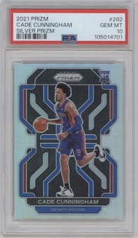 Cade Cunningham from the 2021-22 Panini Prizm  set featuring a Silver Prizm parallel graded by PSA and given an overall grade of 10.