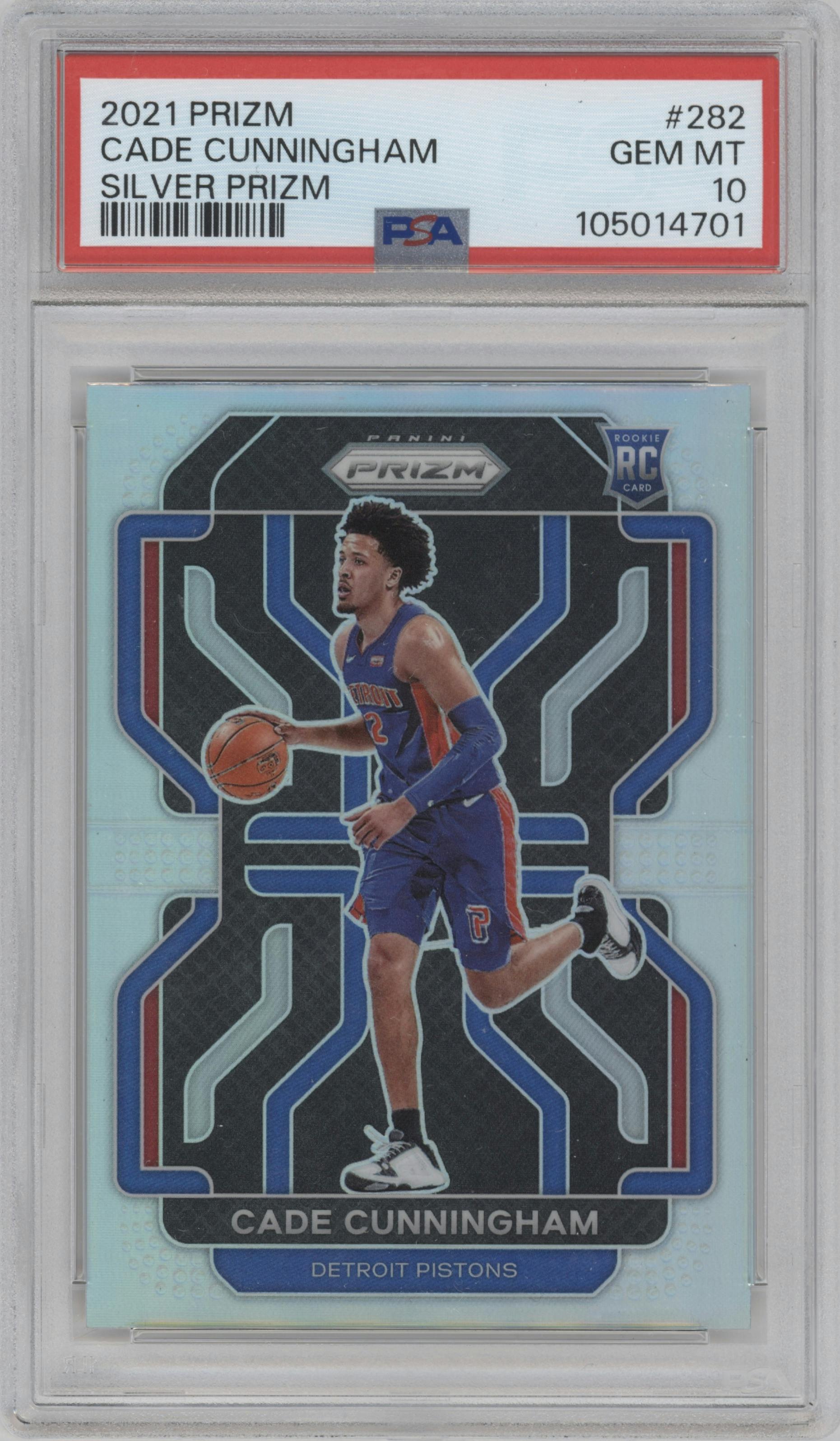 Cade Cunningham from the 2021-22 Panini Prizm  set featuring a Silver Prizm parallel graded by PSA and given an overall grade of 10.