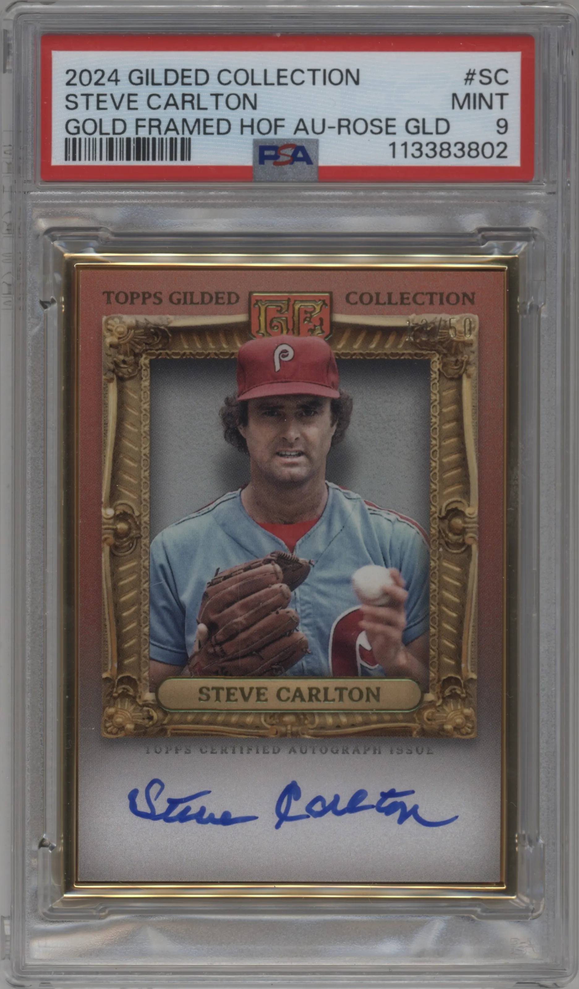 2024 Topps Gilded Collection Gold Framed HOF Auto Steve Carlton Rose Gold #HAFA-SC PSA 9