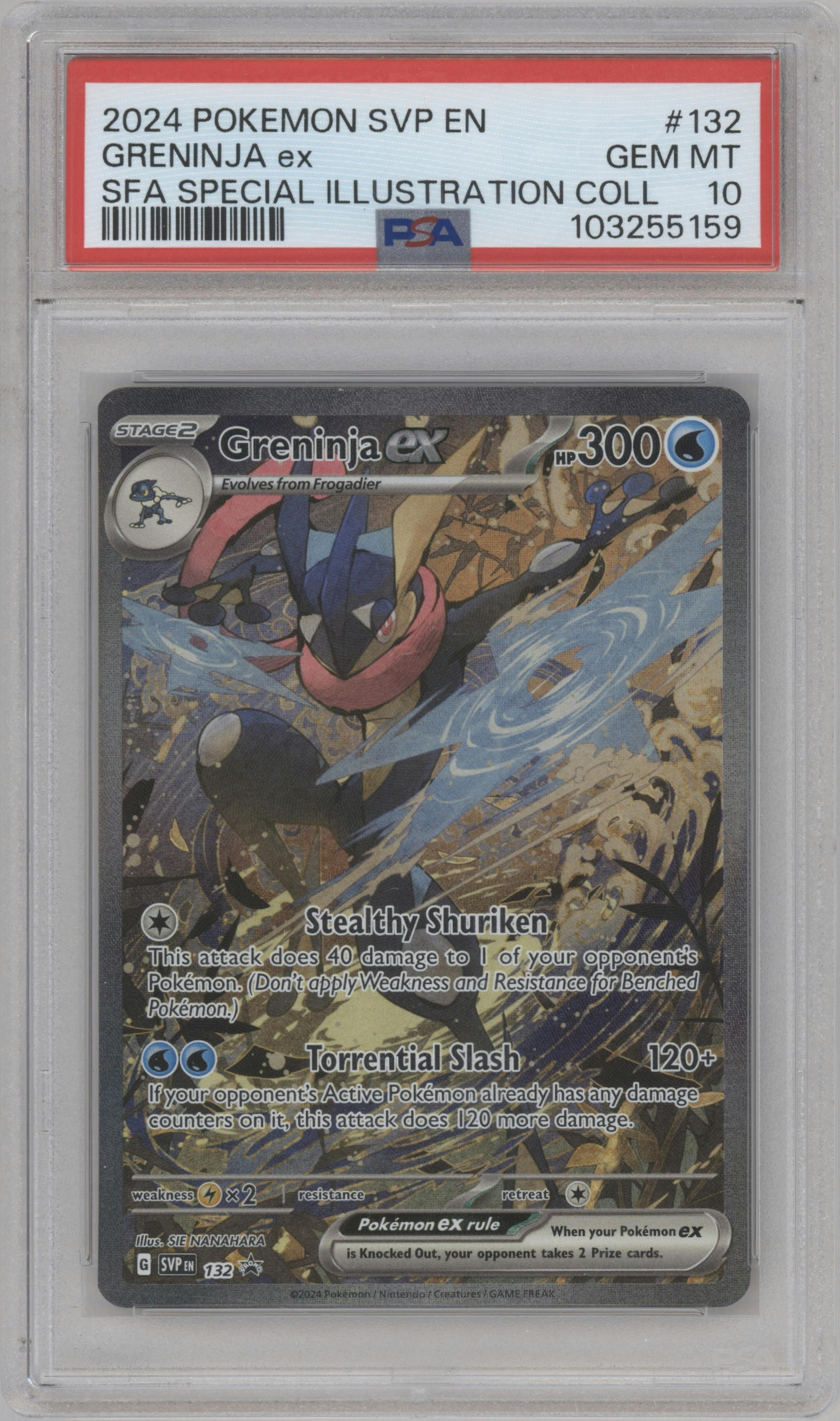 Greninja ex from the 2024 Pokemon SV set featuring a Shrouded Fable Greninja ex Special Illustration Collection parallel graded by PSA and given an overall grade of 10.