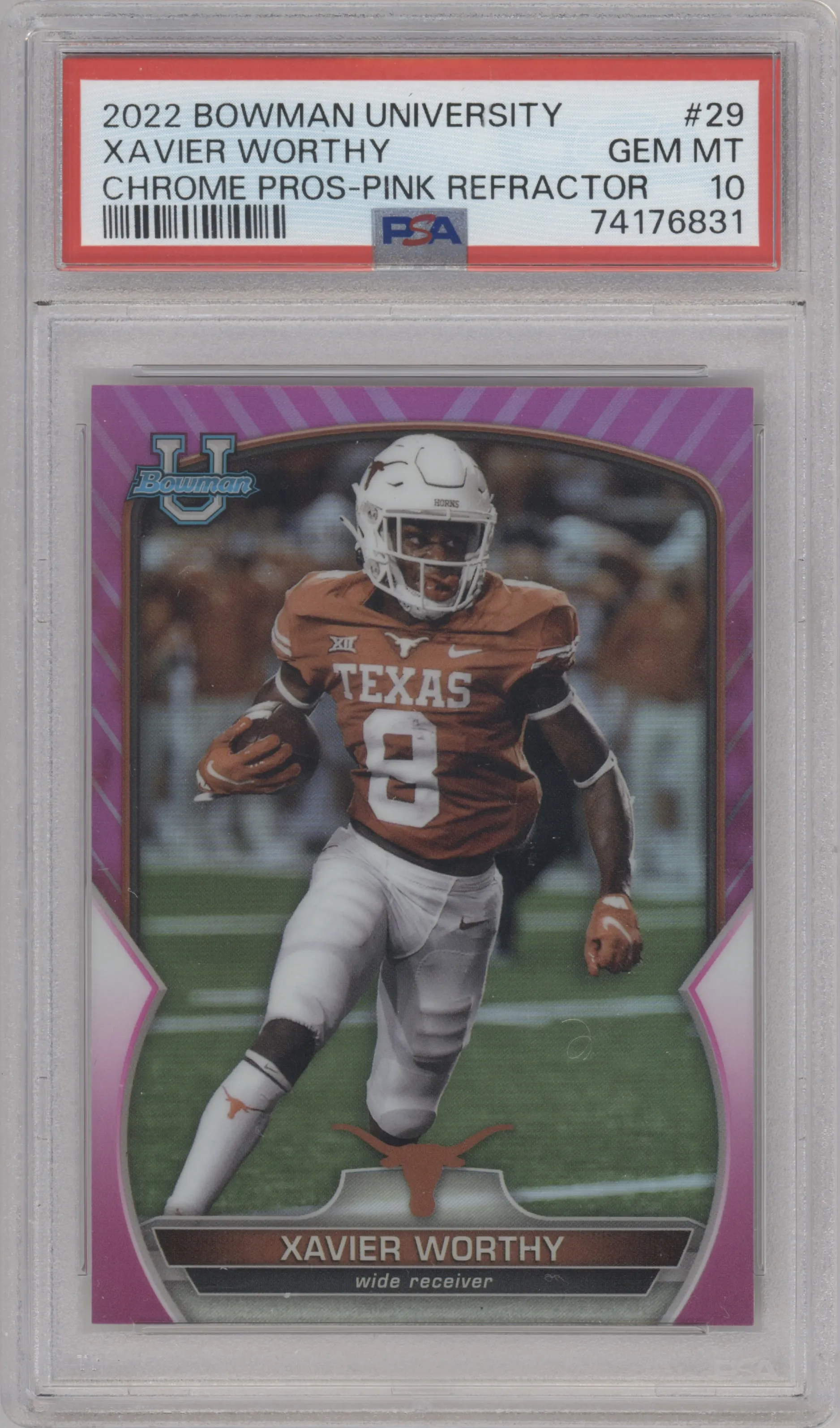 2022 Bowman University Chrome Xavier Worthy Pink Refractor PSA 10