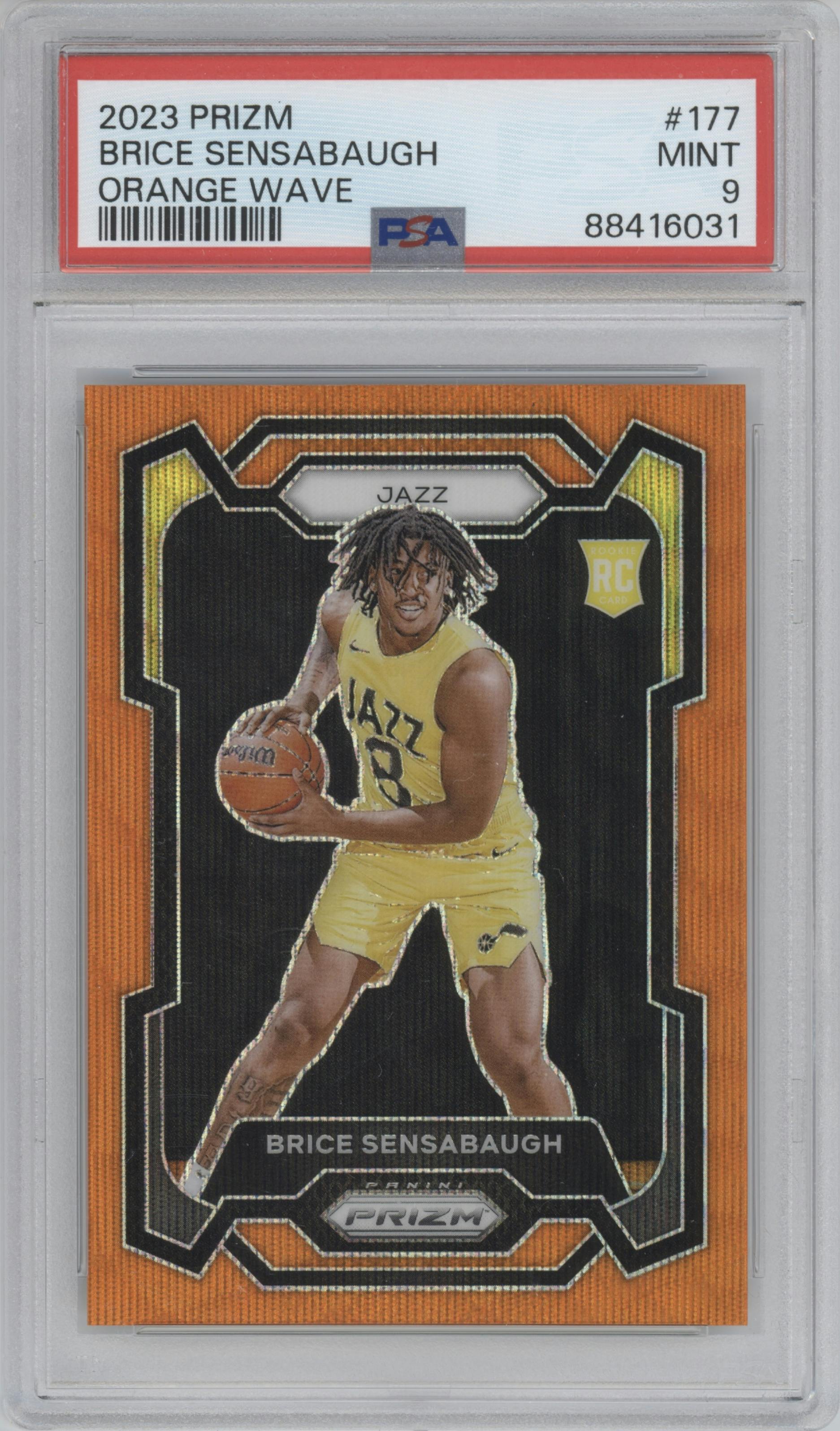Brice Sensabaugh from the 2023-24 Panini Prizm set featuring a Orange Wave parallel graded by PSA and given an overall grade of 9.