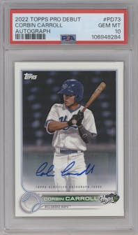 Corbin Carroll from the 2022 Topps Pro Debut set graded by PSA and given an overall grade of 10.