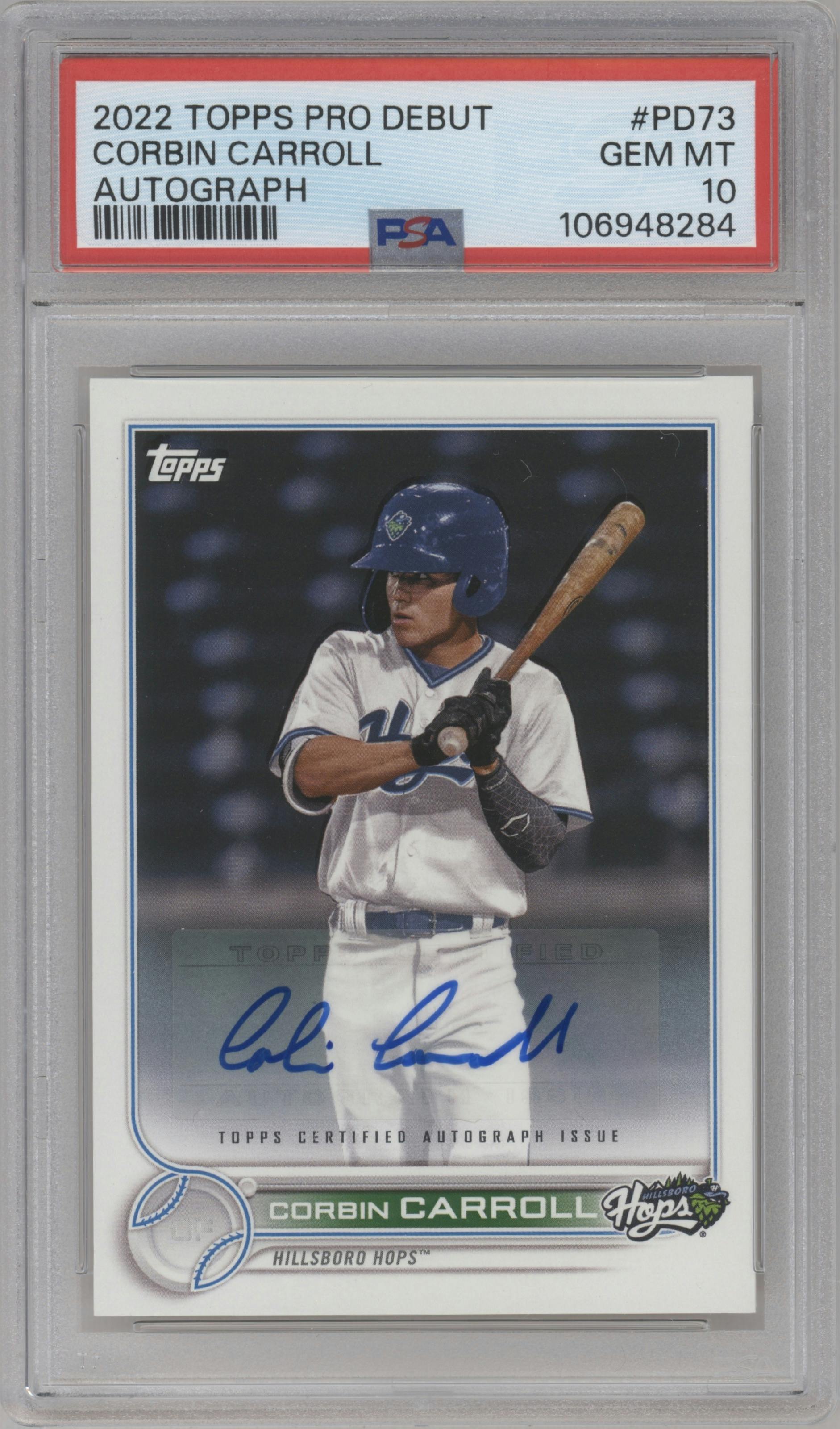 Corbin Carroll from the 2022 Topps Pro Debut set graded by PSA and given an overall grade of 10.