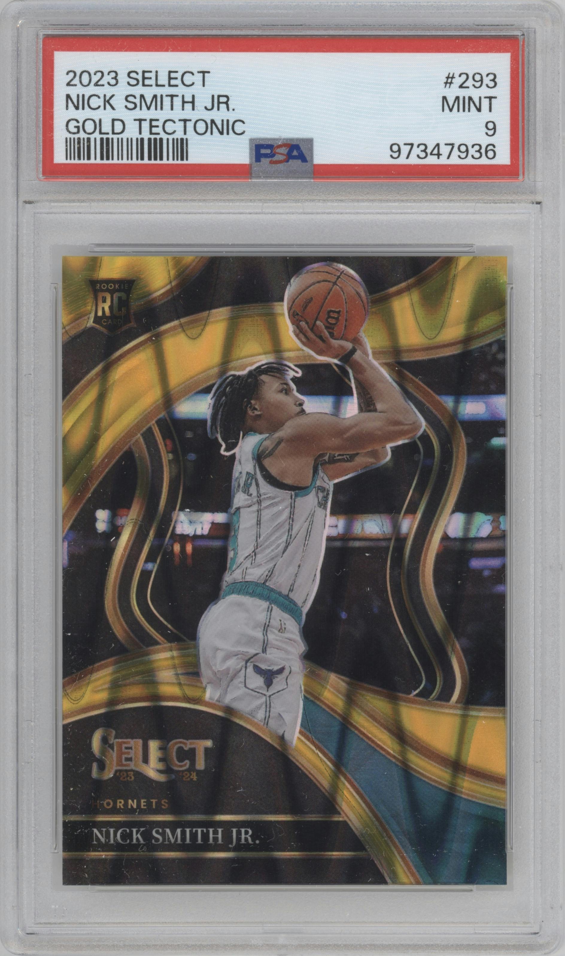 Nick Smith Jr. from the 2023-24 Panini Select  set featuring a Gold Tectonic parallel graded by PSA and given an overall grade of 9.