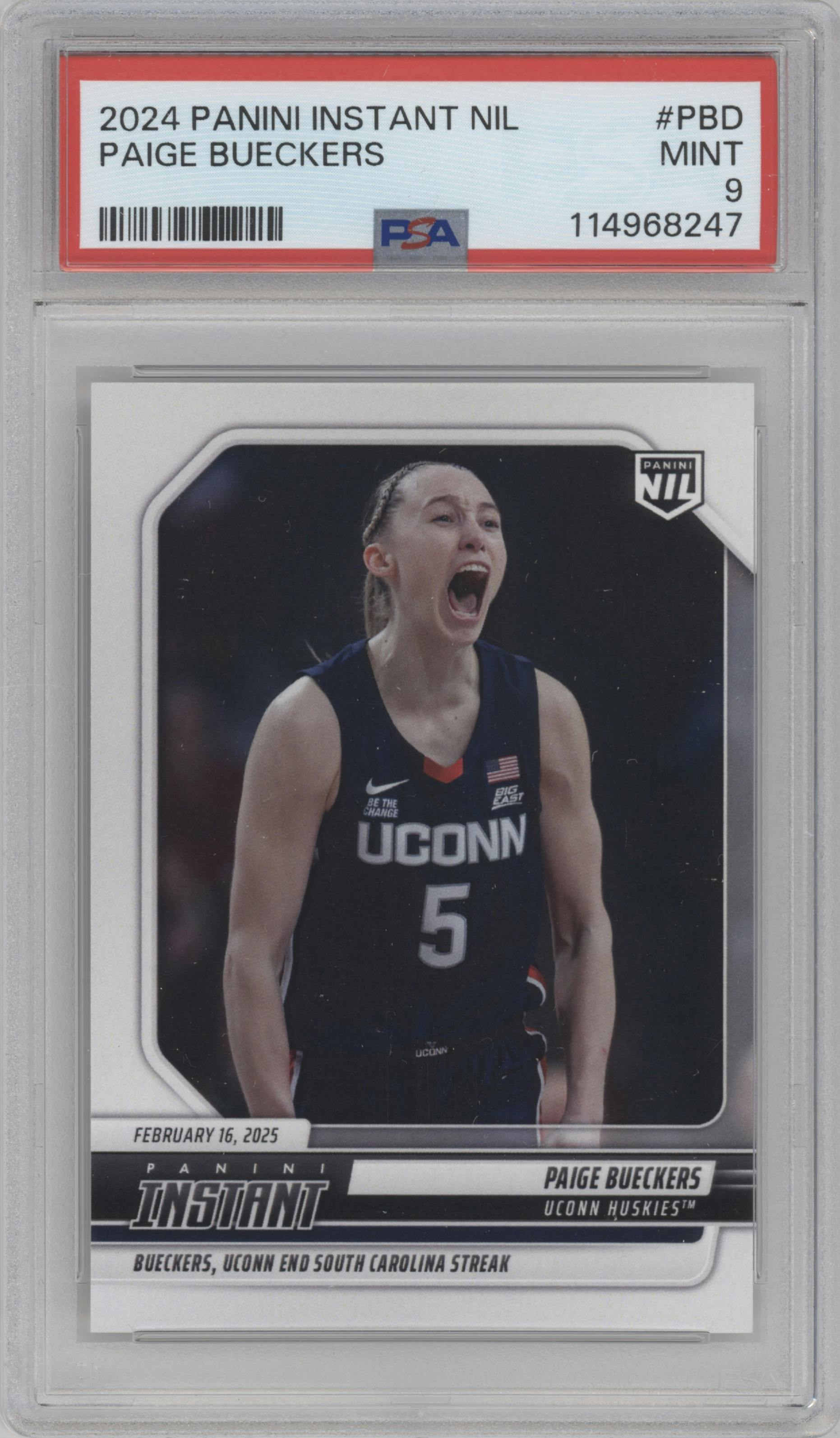 Paige Bueckers from the 2024 Panini Instant NIL set graded by PSA and given an overall grade of 9.