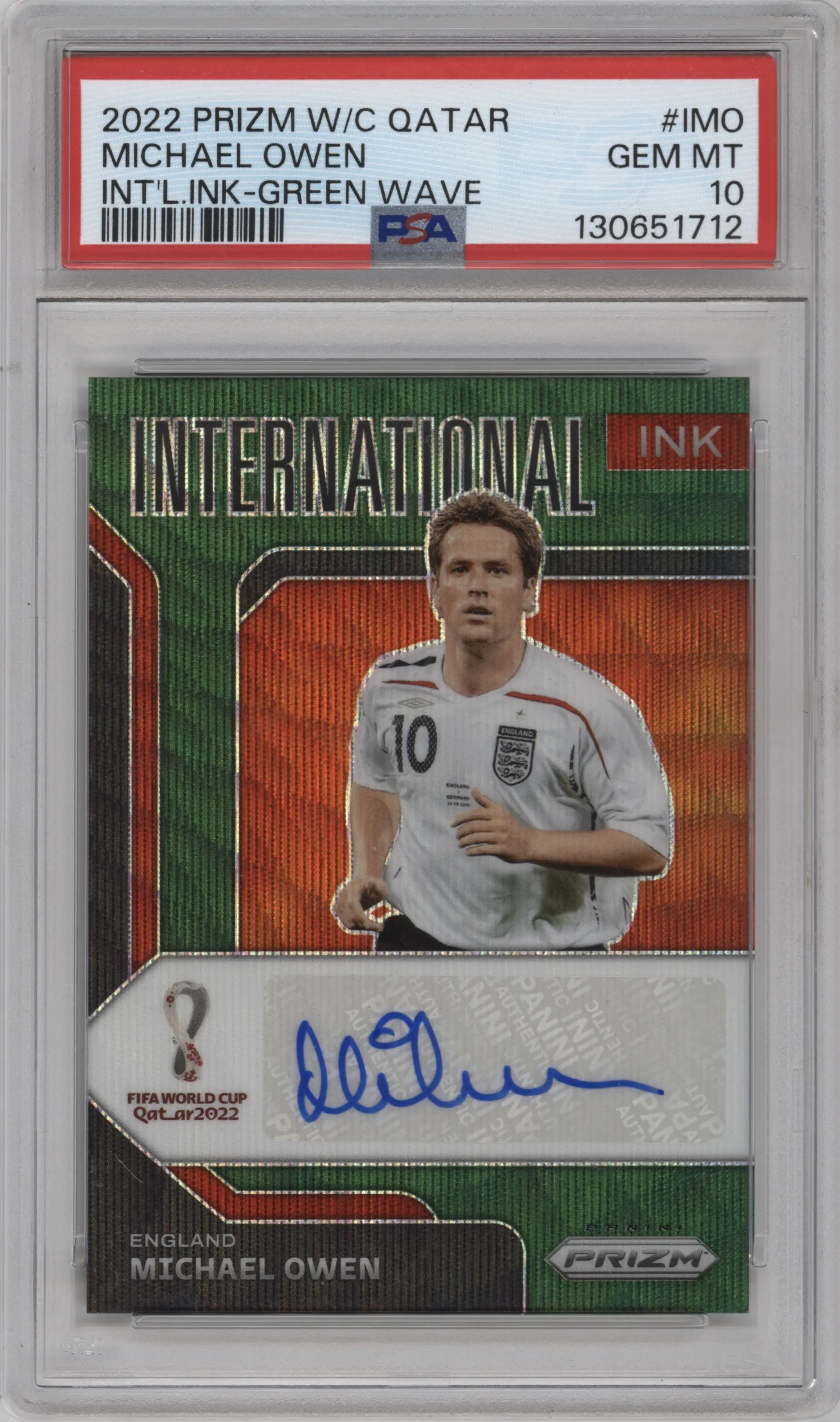 2022 Panini Prizm FIFA WC Qatar Int'l. Ink Michael Owen Green Wave #I-MO PSA 10