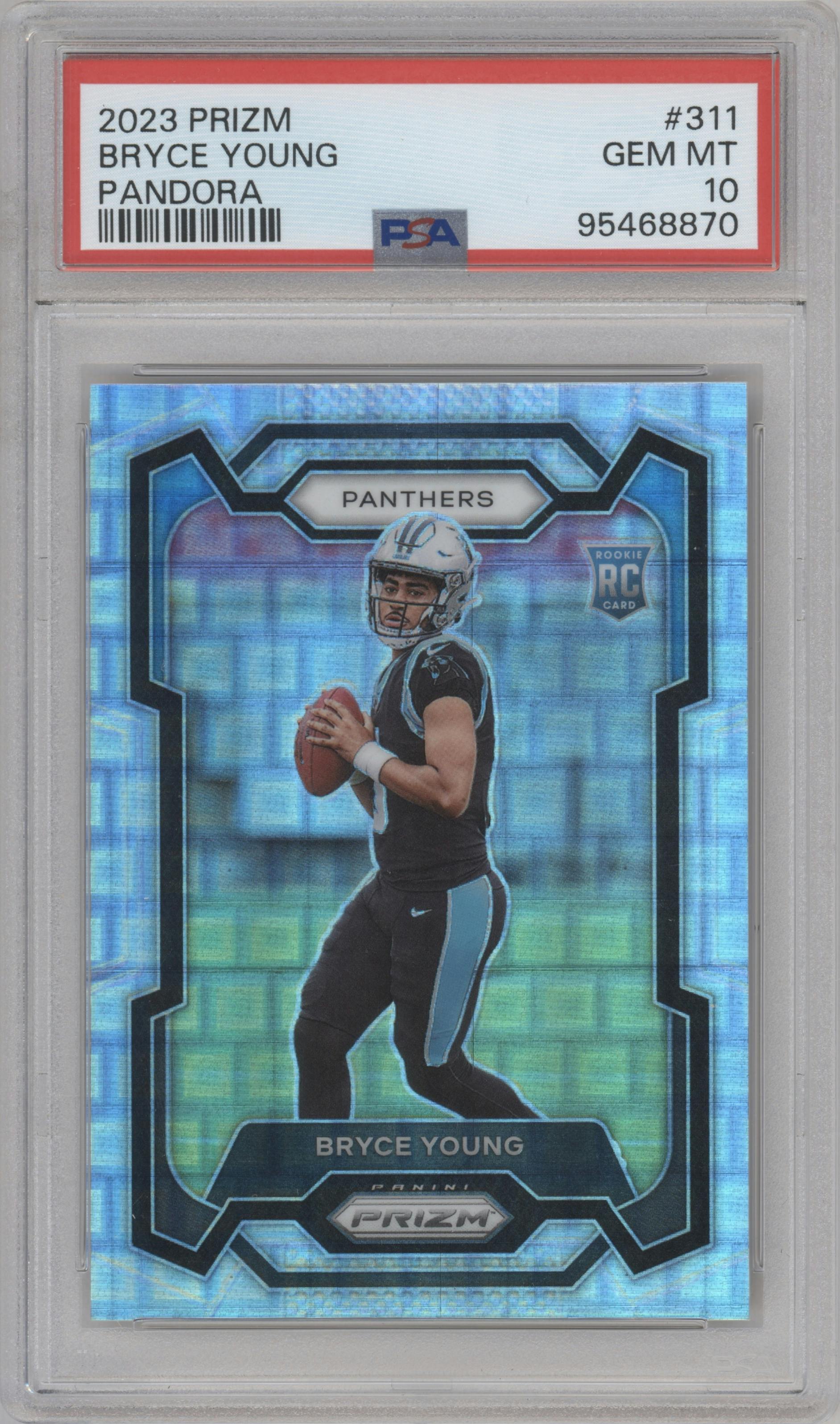 Bryce Young from the 2023 Panini Prizm set featuring a Pandora parallel graded by PSA and given an overall grade of 10.