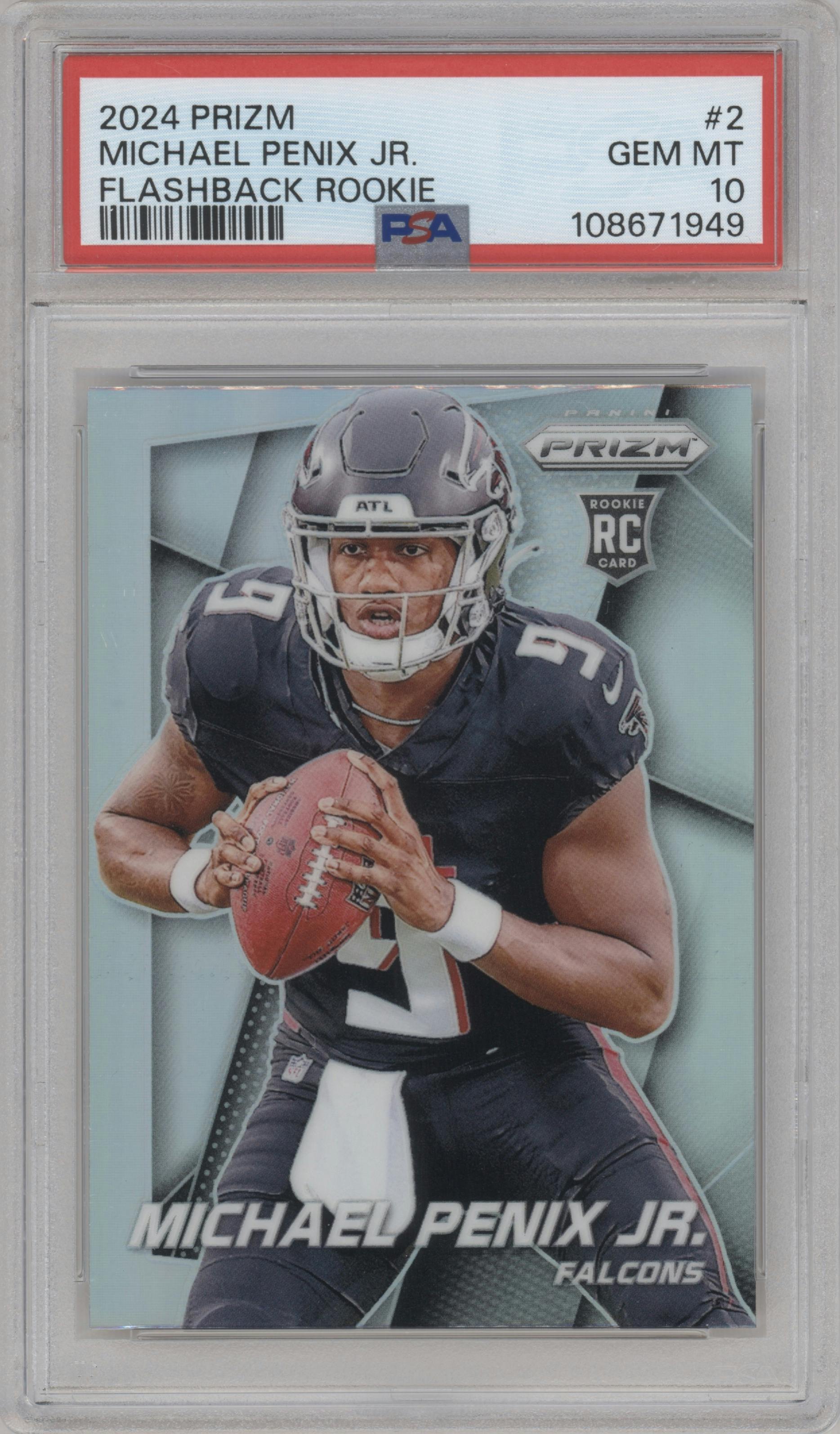 Michael Penix Jr. from the 2024 Panini Prizm set graded by PSA and given an overall grade of 10.