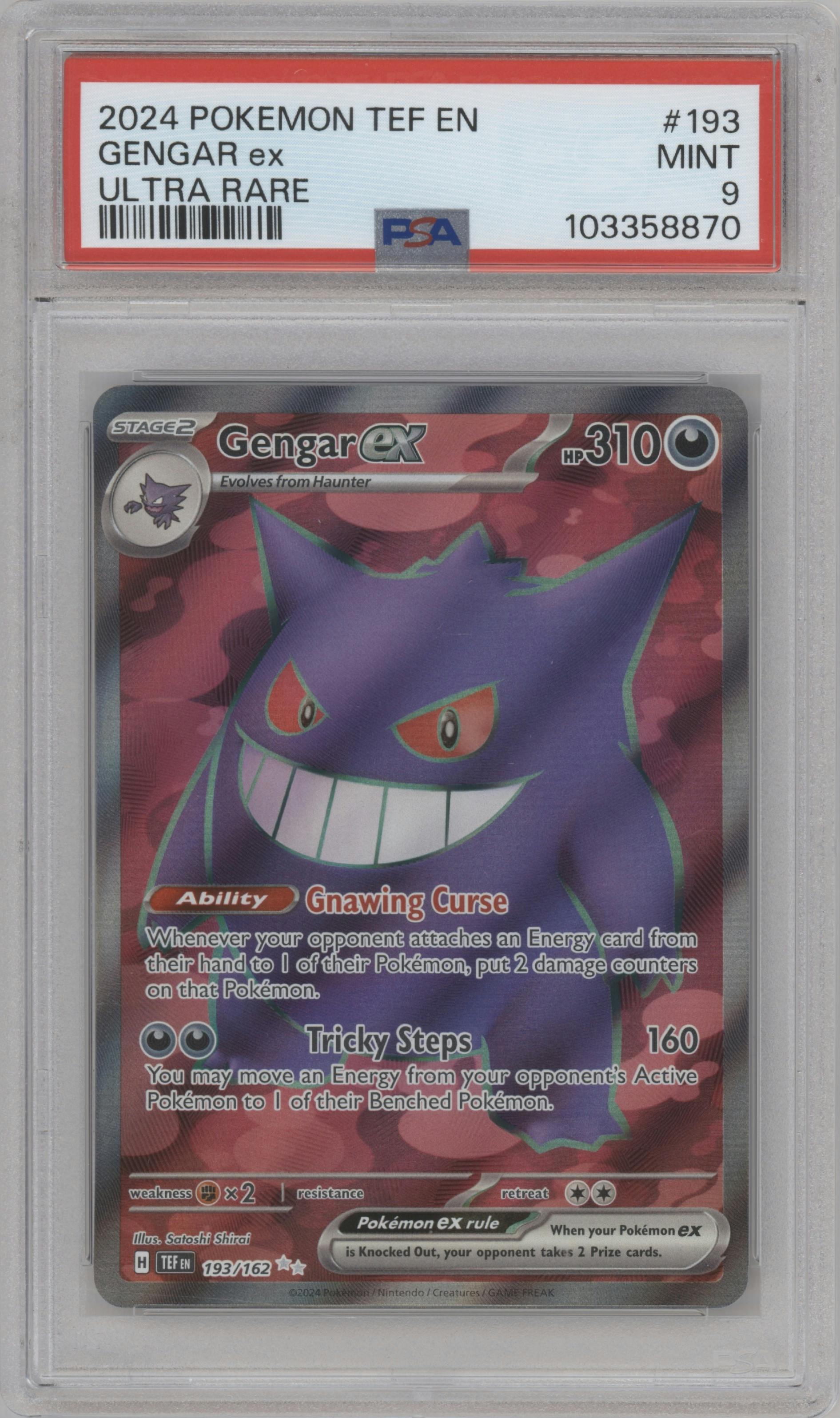 Gengar ex from the 2024 Pokemon SV set graded by PSA and given an overall grade of 9.