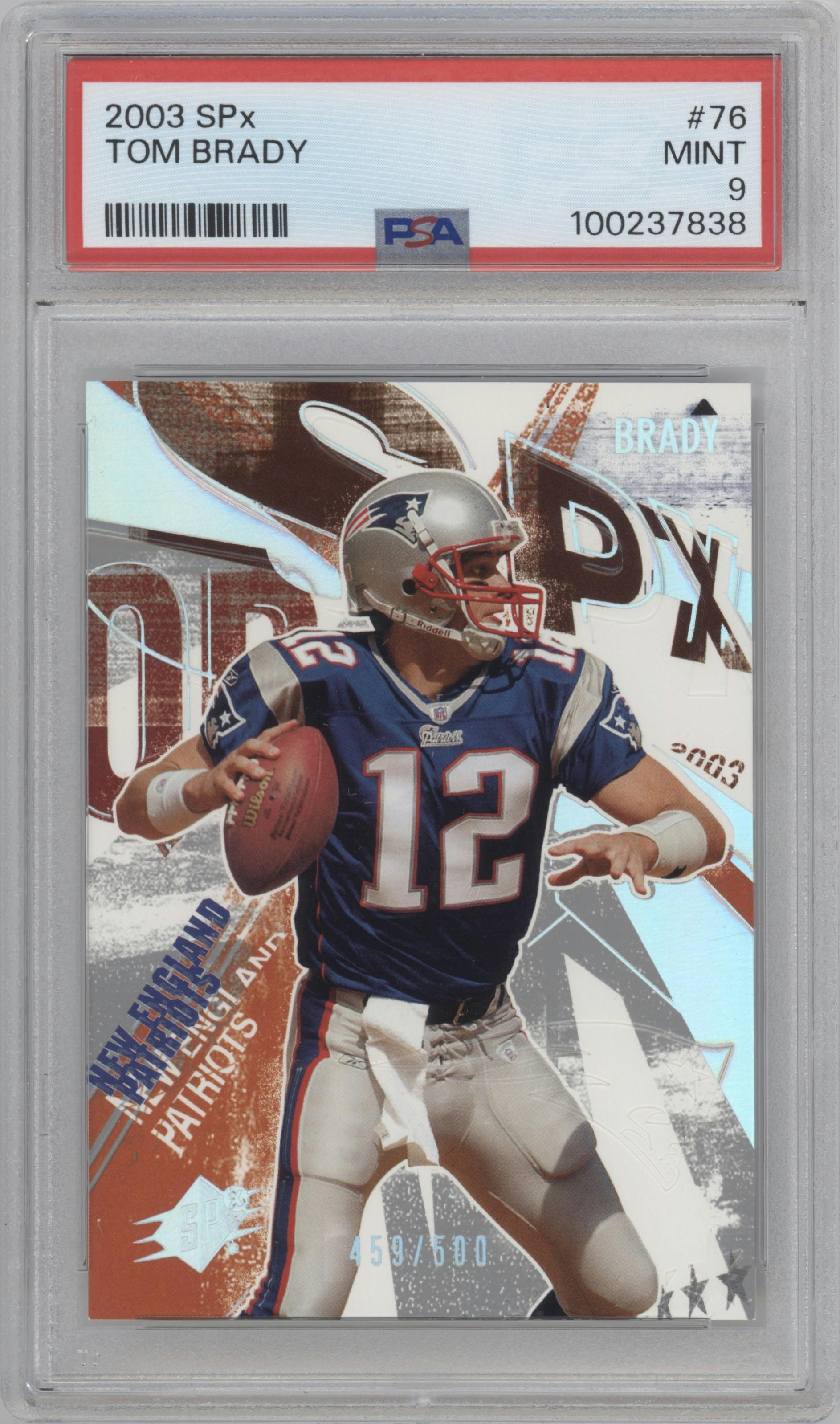 Tom Brady from the 2003 SPx set graded by PSA and given an overall grade of 9.