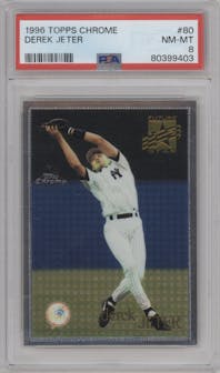 Derek Jeter from the 1996 Topps Chrome set graded by PSA and given an overall grade of 8.