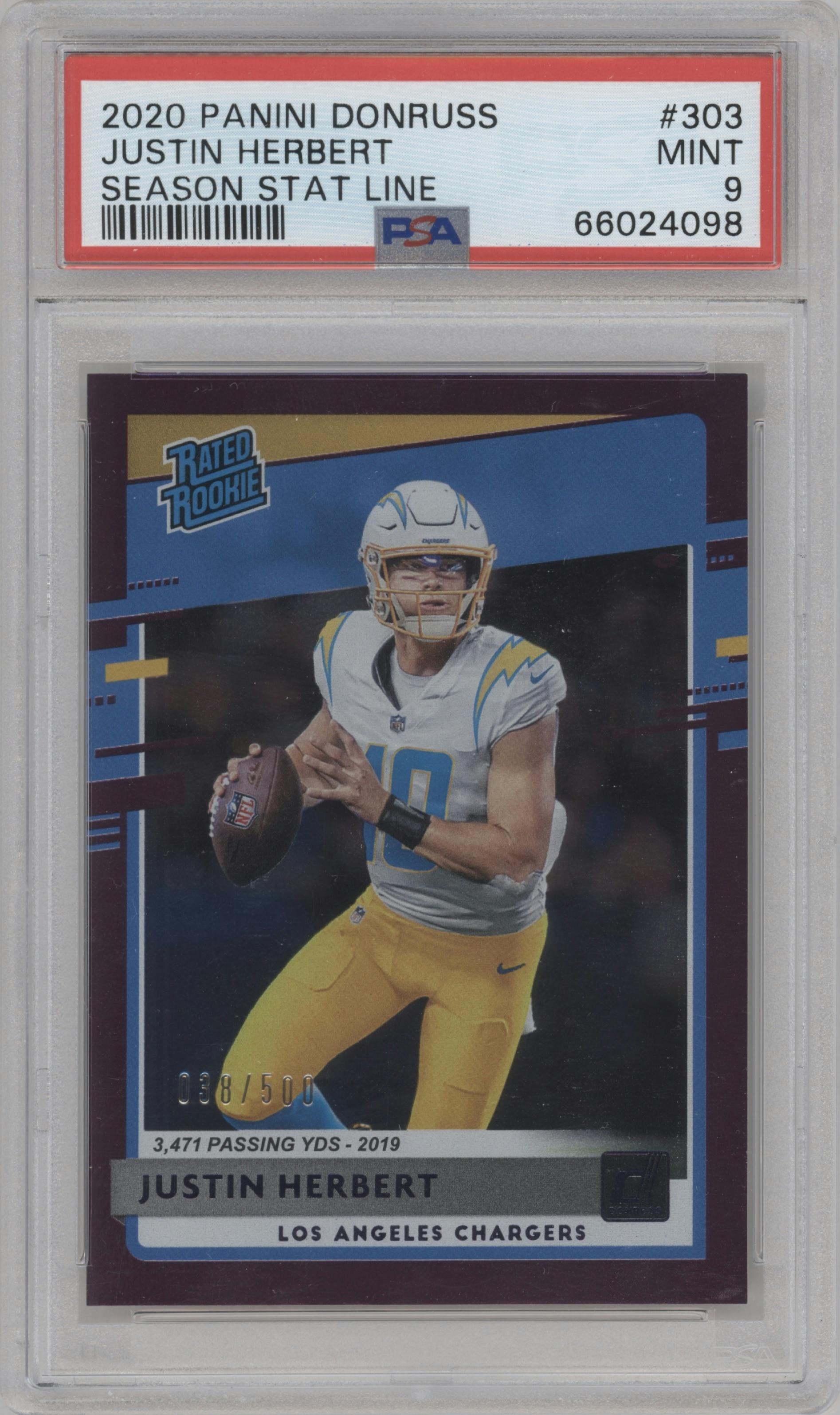 Justin Herbert from the 2020 Panini Donruss set featuring a Season Stat Line parallel graded by PSA and given an overall grade of 9.