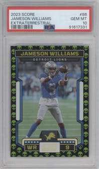 Jameson Williams from the 2023 Panini Score set featuring a Extraterrestrial parallel graded by PSA and given an overall grade of 10.