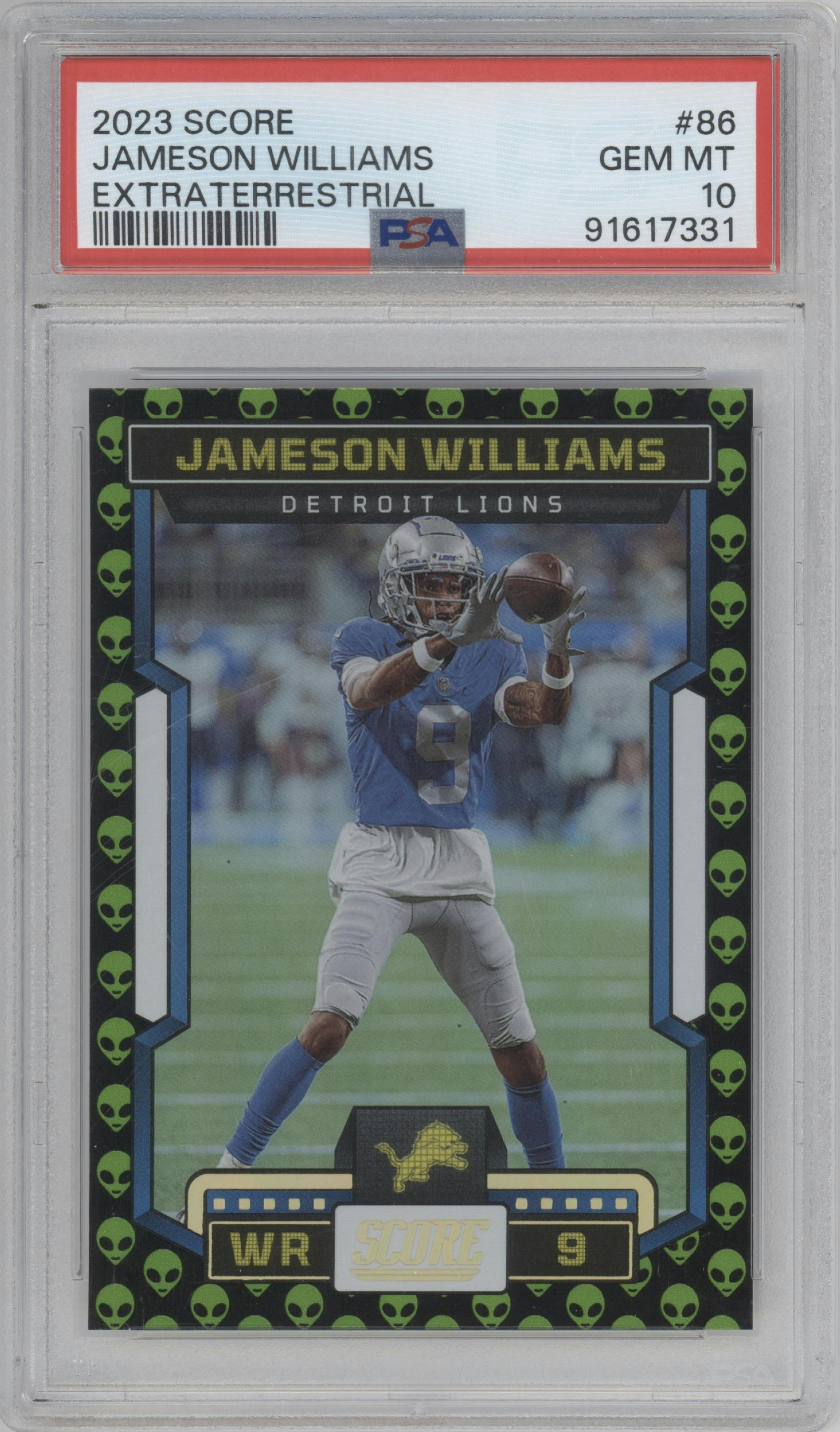 Jameson Williams from the 2023 Panini Score set featuring a Extraterrestrial parallel graded by PSA and given an overall grade of 10.