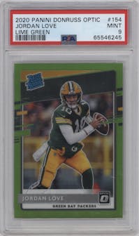 Jordan Love from the 2020 Panini Donruss Optic set featuring a Lime Green parallel graded by PSA and given an overall grade of 9.
