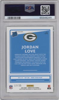 Jordan Love from the 2020 Panini Donruss Optic set featuring a Lime Green parallel graded by PSA and given an overall grade of 9.