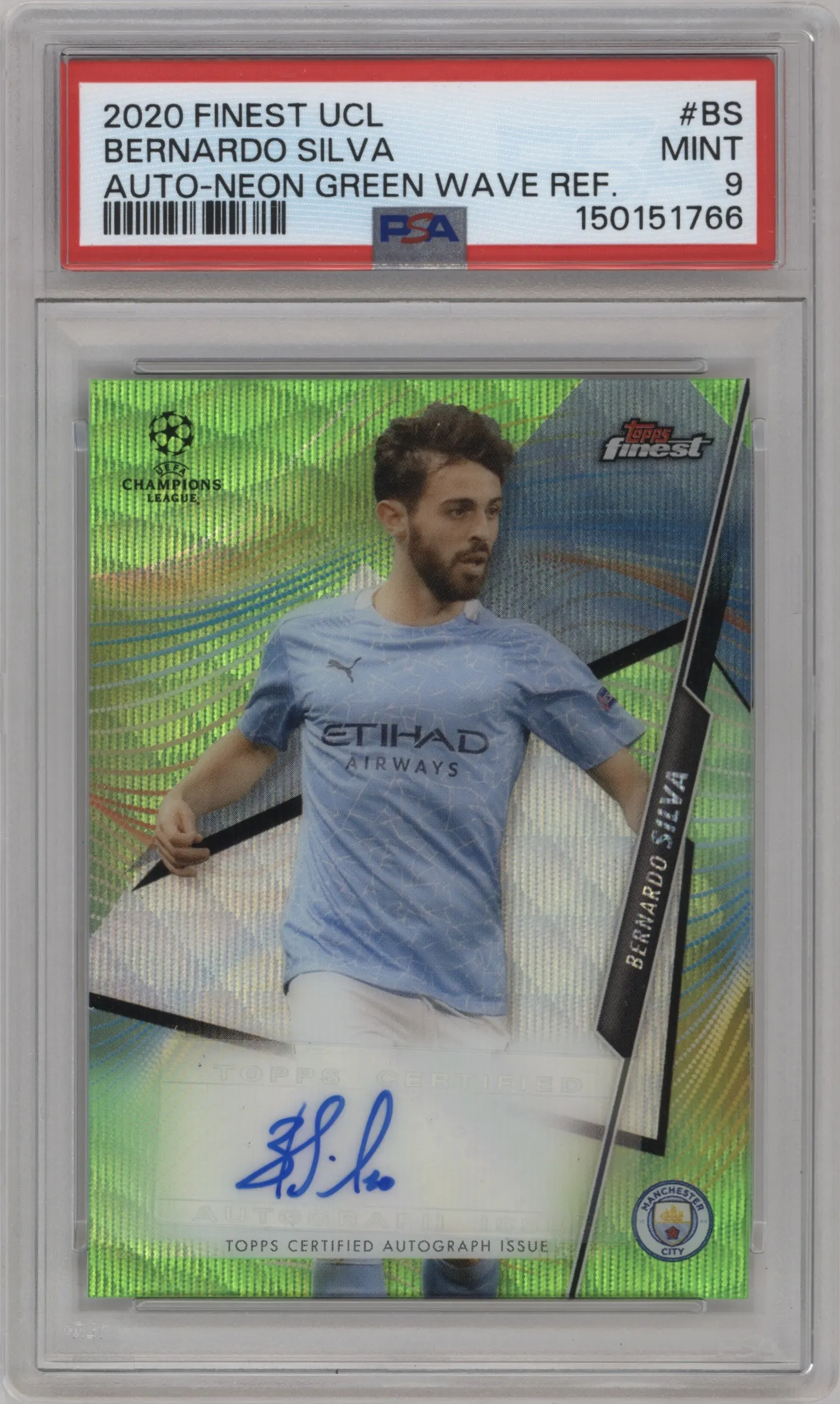 2020 Topps Finest UEFA Champions League Auto Bernardo Silva Neon Green Wave Refractor #FA-BS PSA 9